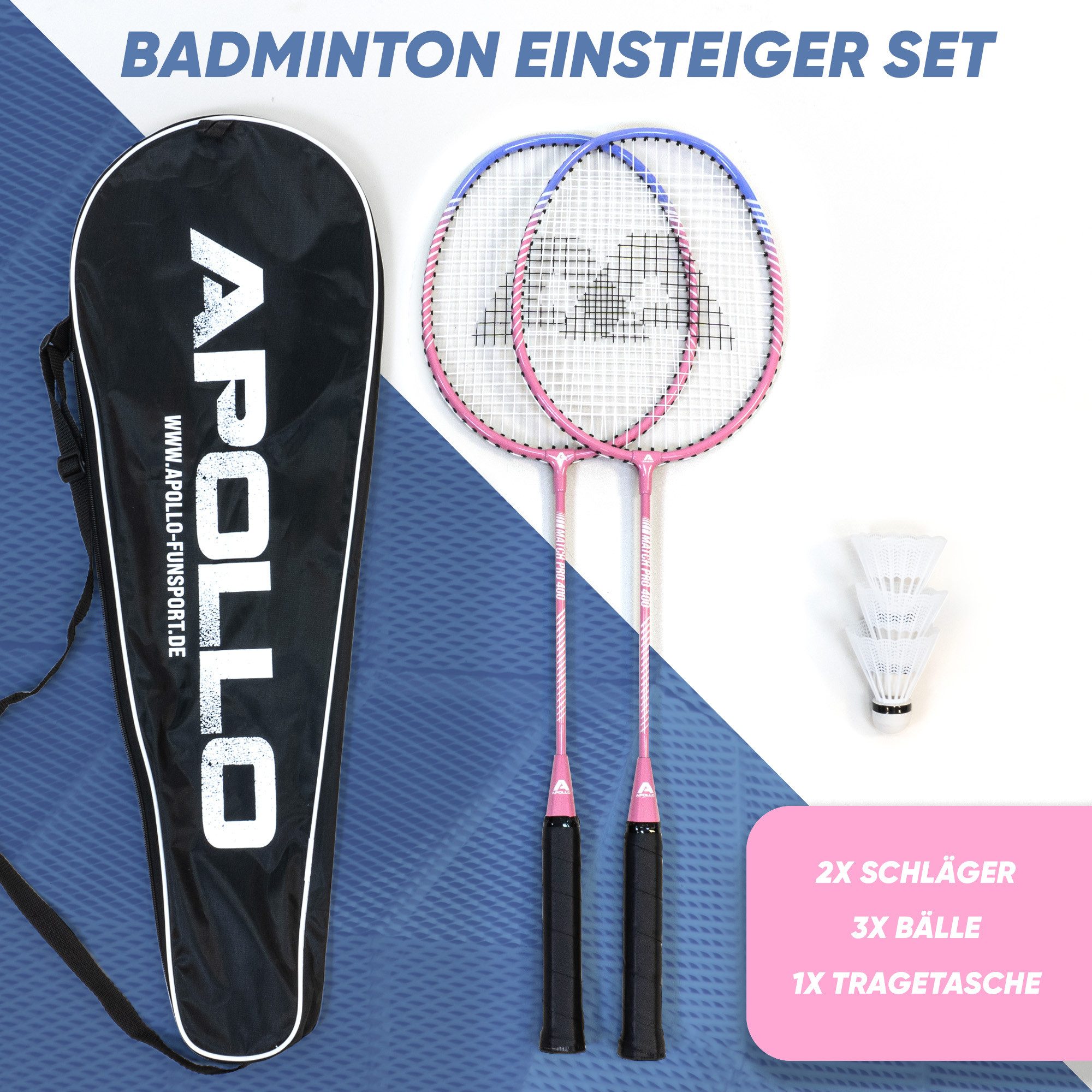 Apollo Badmintonschläger Badminton Set Match Pro 400 - 2x Badmintonschläger inkl. Bälle,Tasche, (mit Tasche, mit Bällen), Alu-Rahmen, verstärktes T-Stück, flexibler Schaft, Nylon-Bespannung