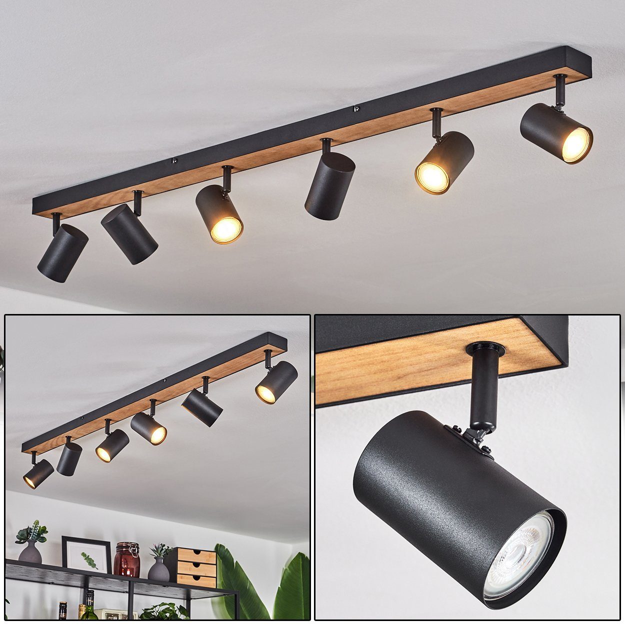 hofstein Deckenleuchte »Gambellara« Deckenlampe aus Metall/MDF in Schwarz/Braun/Holzoptik, ohne Leuchtmittel, moderne Leuchte mit verstellbaren Strahlern, 6xGU10