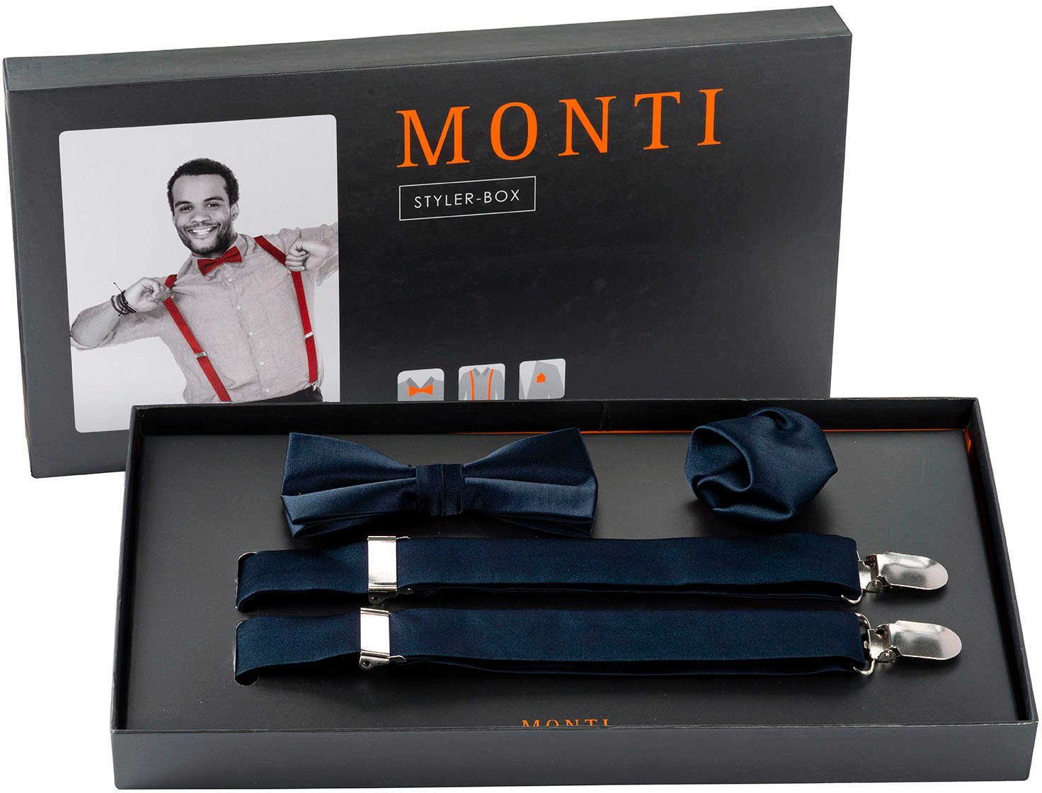 MONTI Hosenträger SALVO (Set, 3-St) Hosenträger mit farblich passender Fliege und Einstecktuch navy | Hosenträger