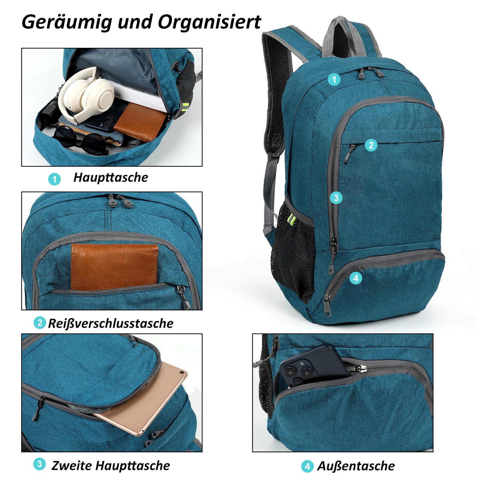 TAN.TOMI Wanderrucksack 23L Rucksack Leicht Faltbarer Reiserucksack Seitentaschen, Für Radfahren, Klettern, Bergsteigen und Reisen Sport