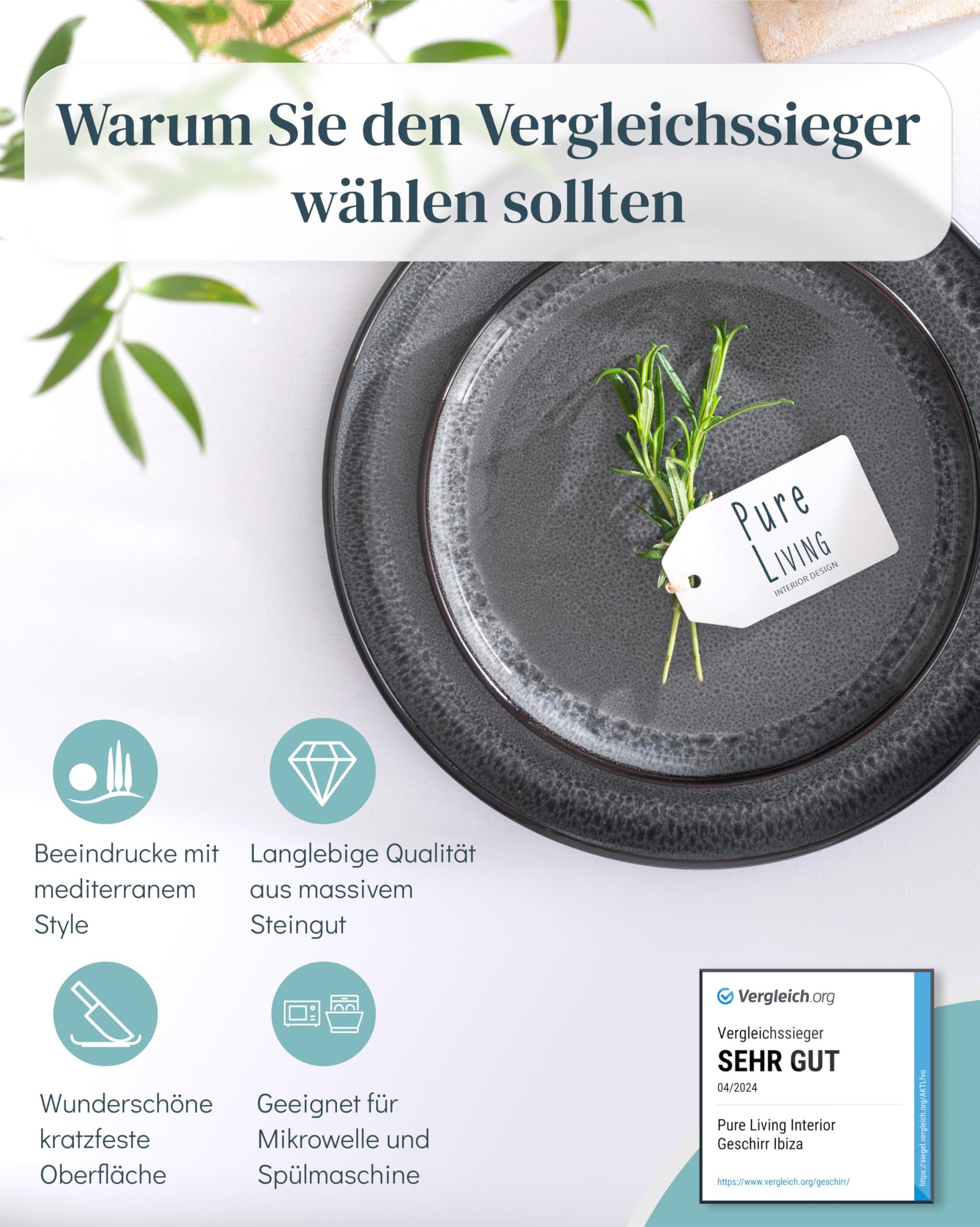 PURE LIVING INTERIOR DESIGN Geschirr-Set 6 Pers. - Hochwertiges Steingut Geschirr Set (24-tlg), 6 Personen, Steingut, Geschirr Set - Schüssel- und Teller Set - Tafelservice 6 Personen