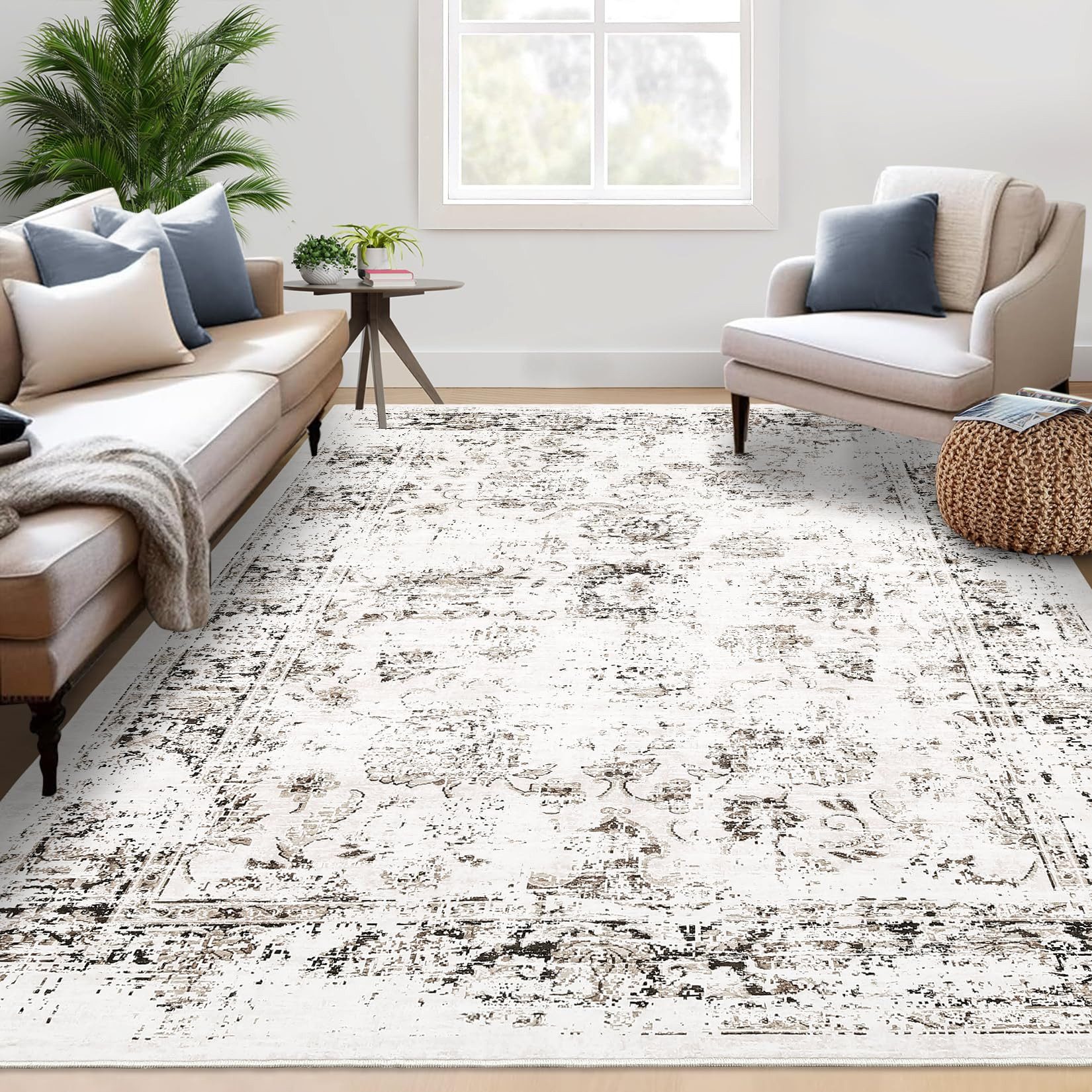 GarveeMore Teppich im Perser-Look, pflegeleicht & waschbar & faltbar, Grau/Beige, rechteckig, Höhe: 6 mm, rutschhemmende TPR-Unterseite, für Wohnzimmer & Schlafzimmer