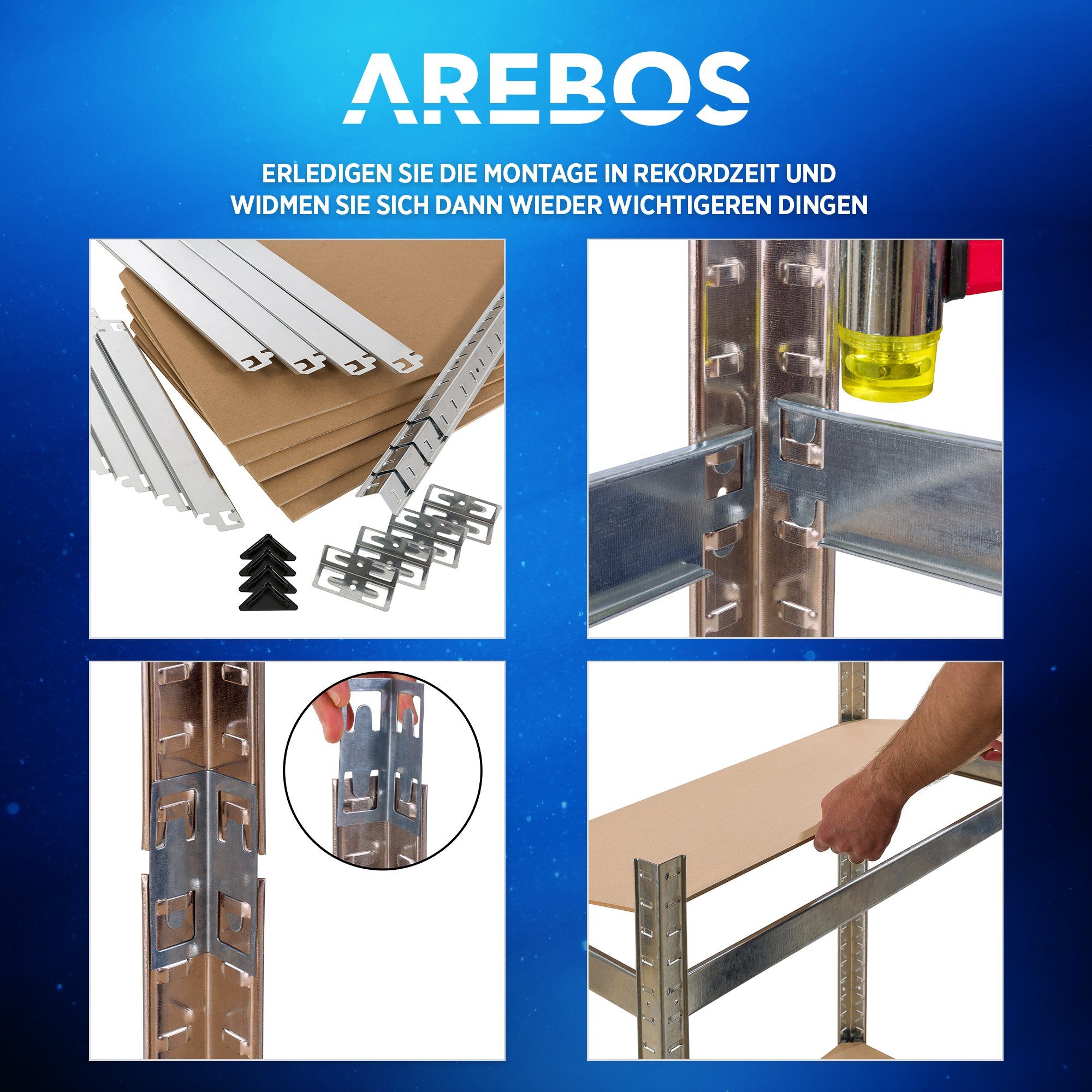Arebos Schwerlastregal 180x90x30 cm, 5 Böden, 875 kg Traglast, Steckregal, Lagerregal, Set 2-tlg., Flexibel einsetzbar: für Werkstatt, Garage, Keller oder Lager – Bild 5 von 5