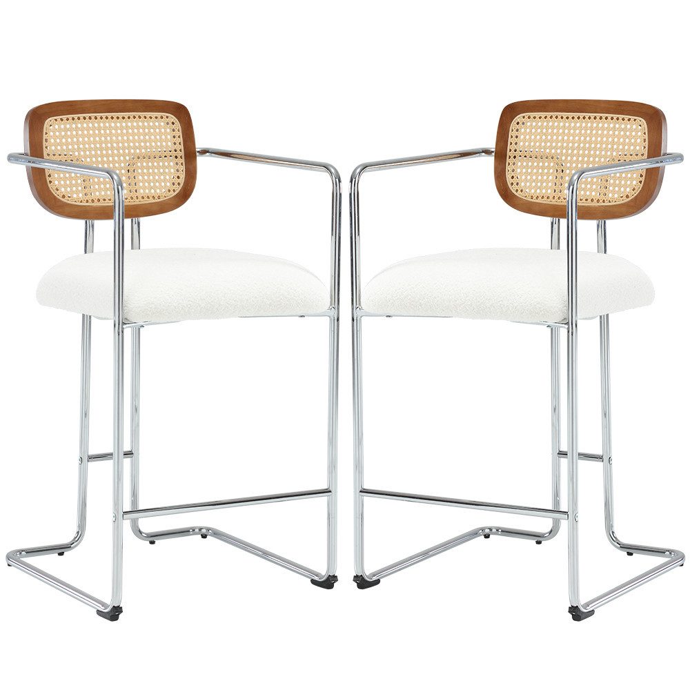 Barhocker 2er Set Rattan Küchenhocker mit Lehne Sitzfläche aus Teddystoff