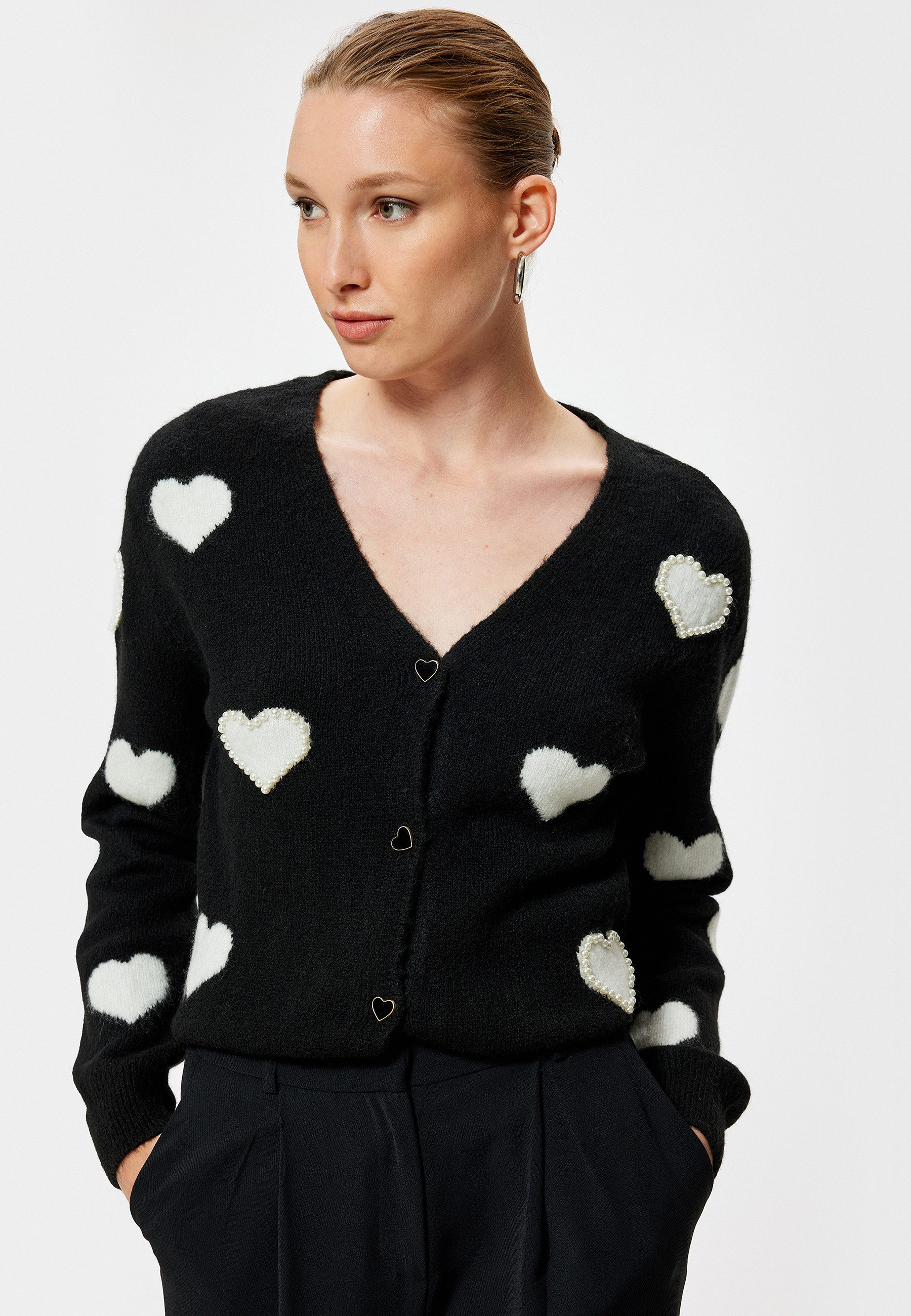 Cardigan V-Kragen Mit Perlen