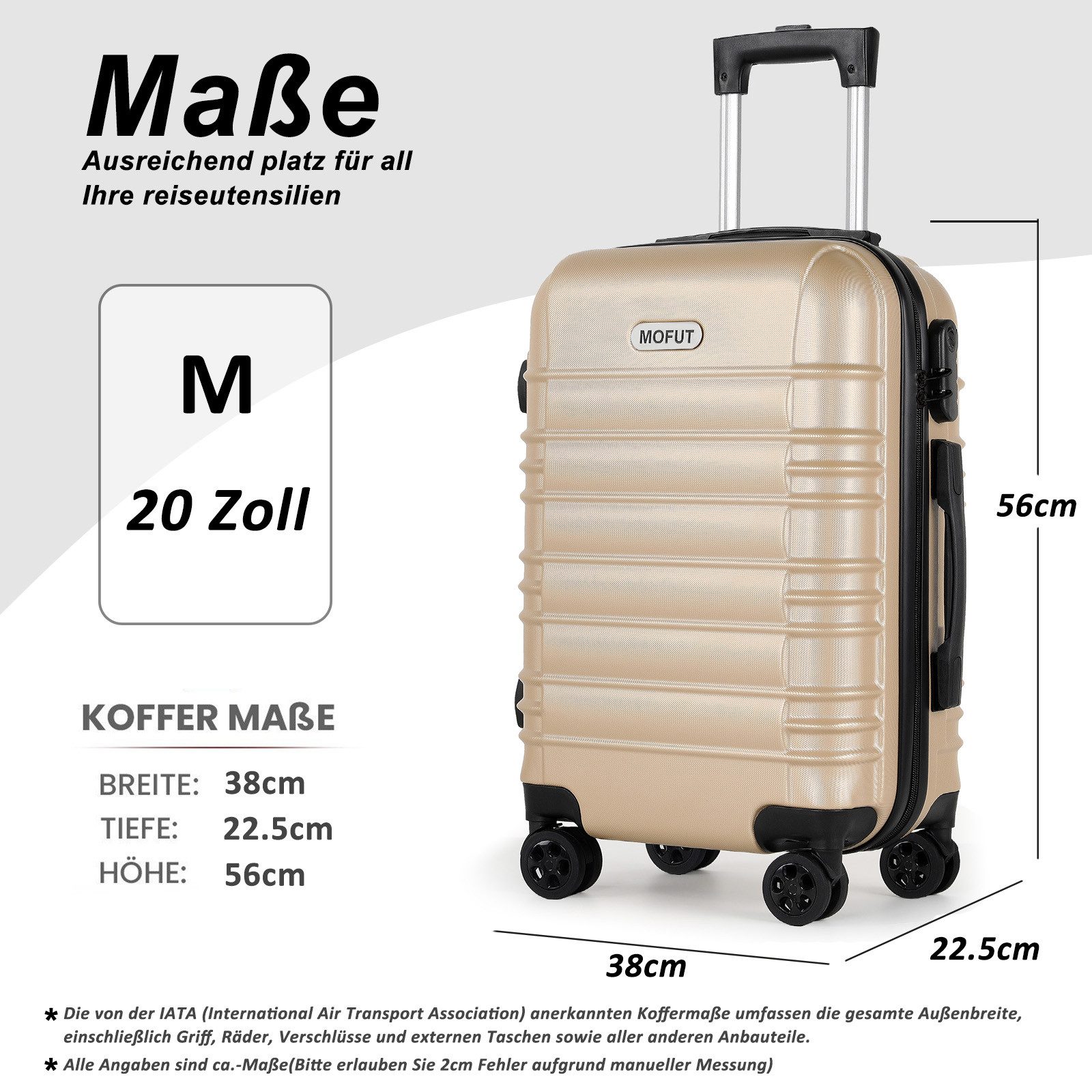 MoFut Koffer Zwillingsrollen Reisekoffer Koffer Trolleys Hartschale (M/L/XL), 4 Rollen, Trolley Handgepäck Große Kapazität mit 4 Rollen und Zahlenschloss