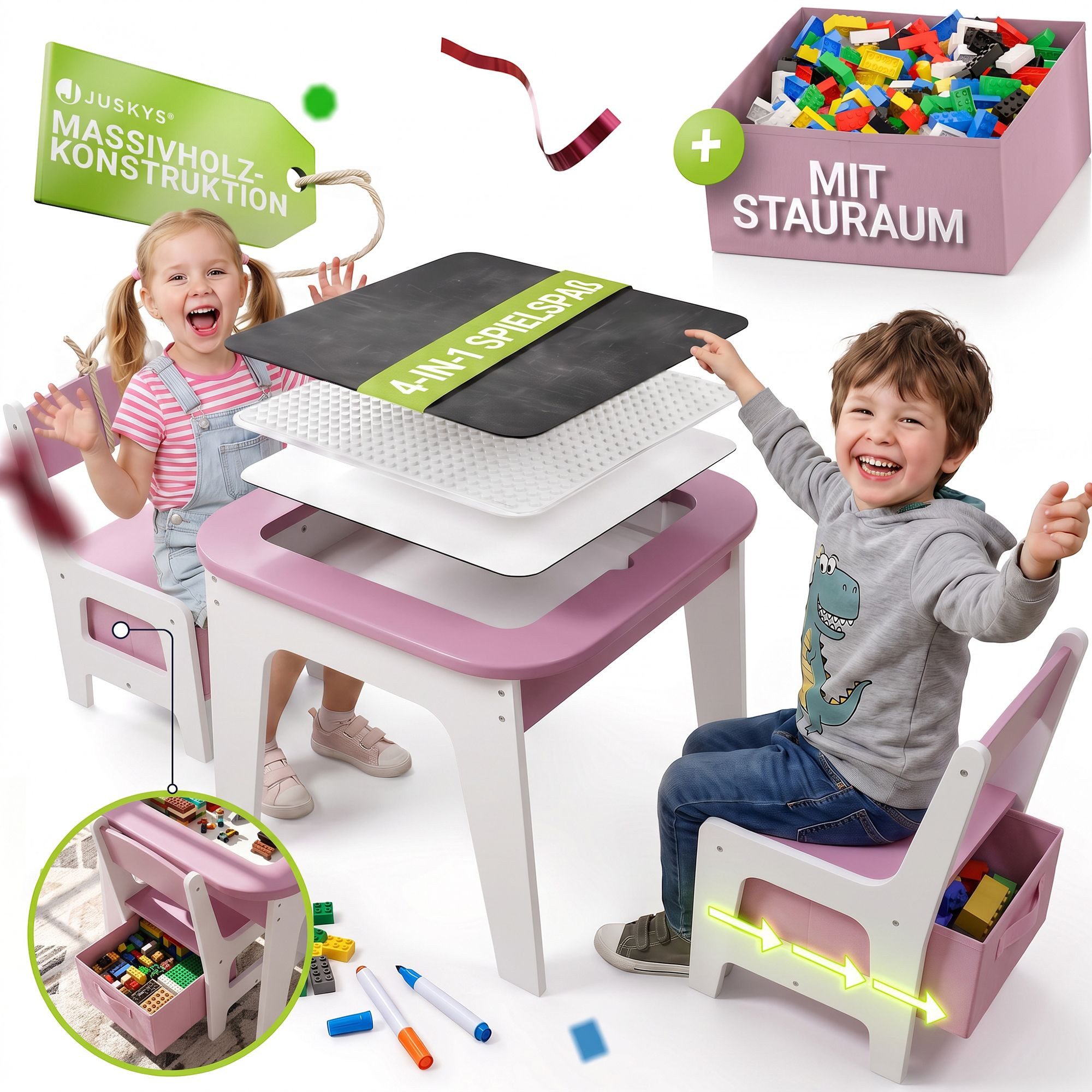Juskys Kindersitzgruppe Milou, Set mit 2 Stühlen & 1 Tisch, Holz Spieltisch, Stauraum & Wendeplatten