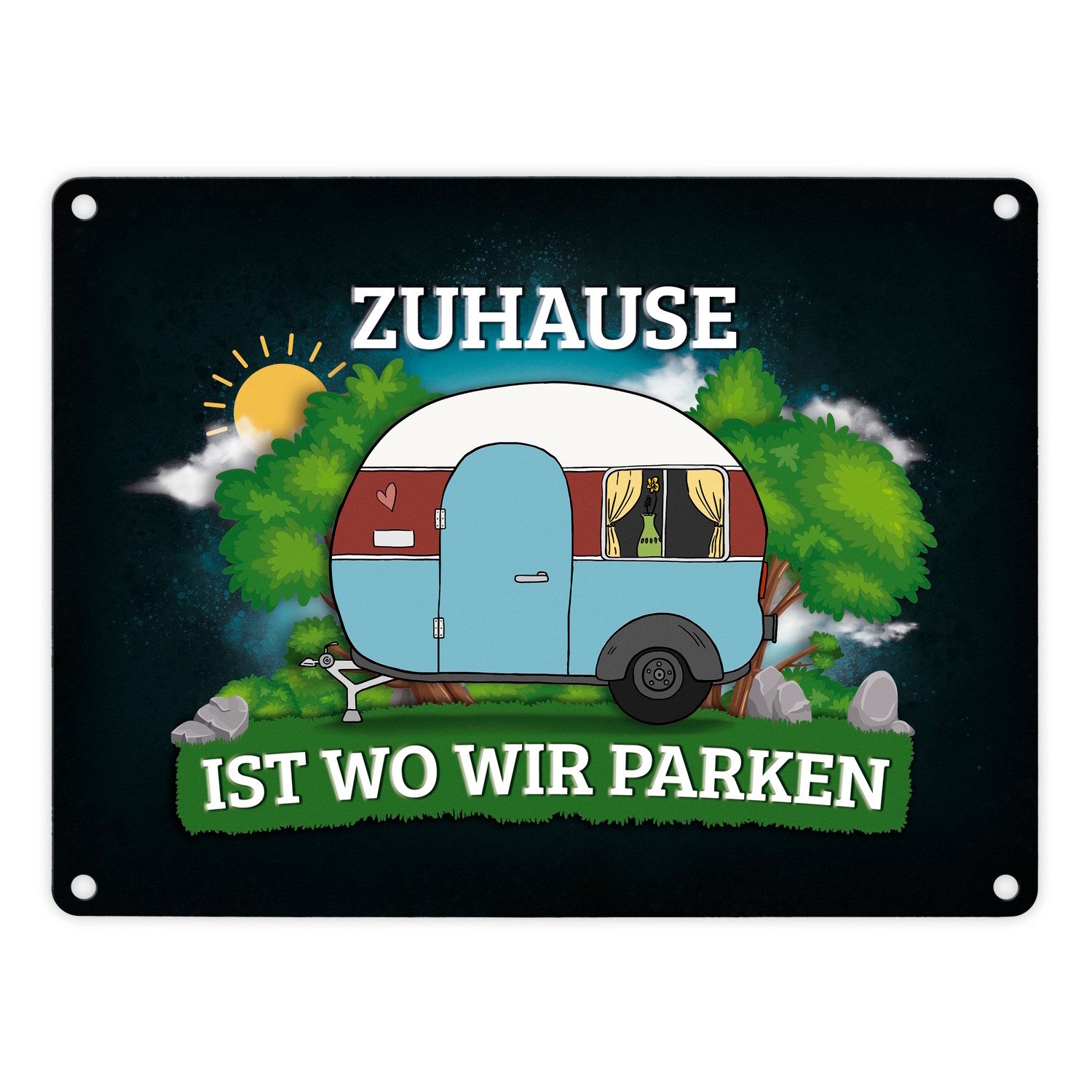 speecheese Metallschild Zuhause ist wo wir parken Metallschild mit Camping Motiv Wohnwagen