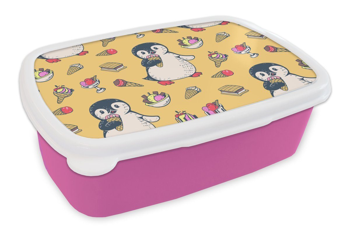 MuchoWow Lunchbox Eis Design, - Snackbox, Kinder Pinguin - für Brotdose - Kinder, Kunststoff, - Erwachsene, Brotbox Mädchen, Polartiere rosa Kunststoff (2-tlg)