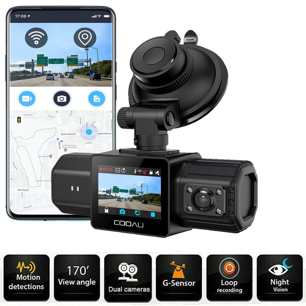 COOAU 1080P Car Auto KFZ DVR Kamera Video Recorder Dash Cam G-Sensor Camera Dashcam (HD, WLAN (Wi-Fi), 24Std.Parküberwachung/Bewegungserkennung,Super Nachtsicht, Volles 6G +1iR-Objektiv, G-Sensor, Loop-Aufnahm, WDR, Sichtwinkel 170)