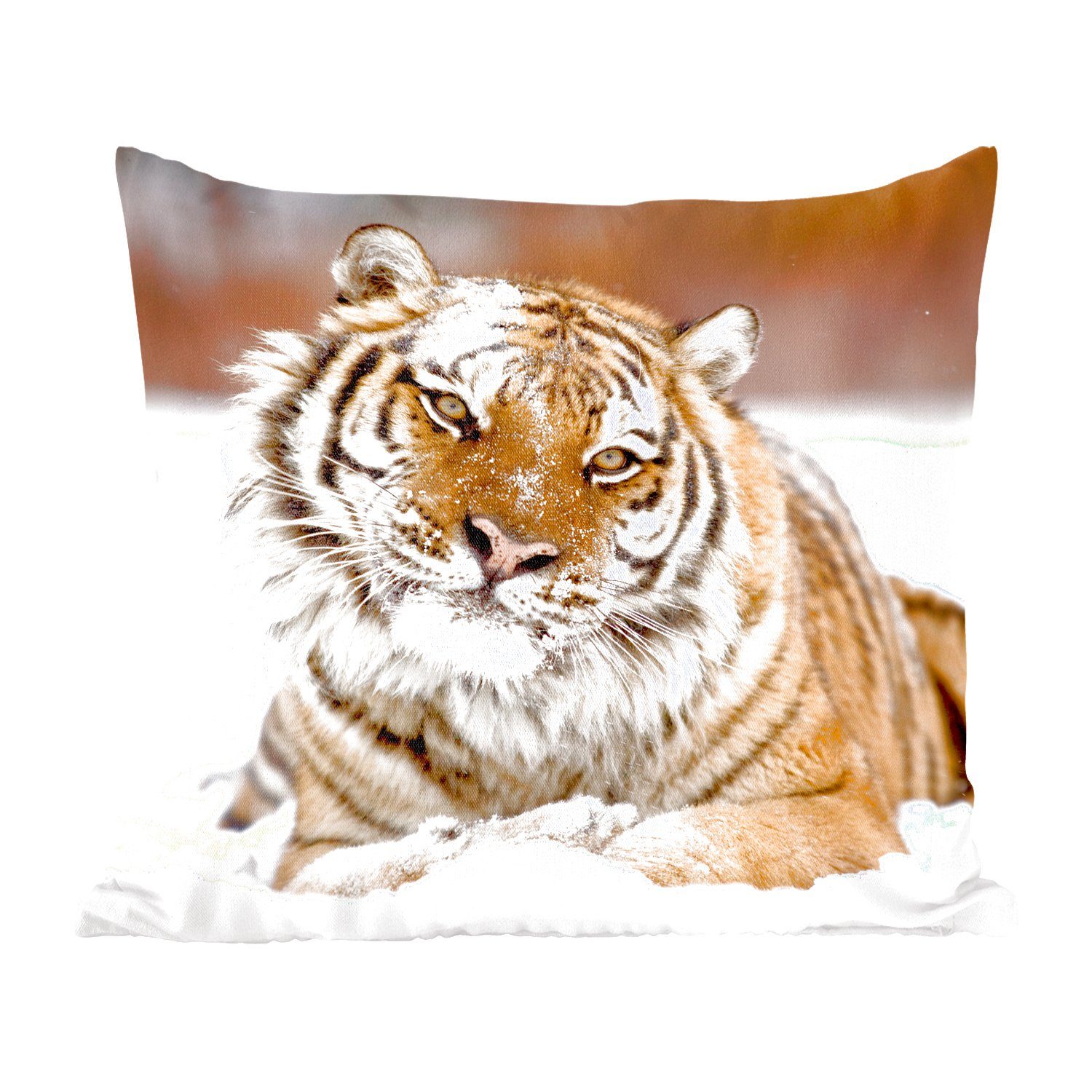 MuchoWow Dekokissen Tiger Zierkissen Wohzimmer, für Weiß, Schlafzimmer, - Sofakissen Schnee Füllung mit - Deko