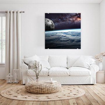Primedeco Glasbild Wandbild Quadratisch Erde Mond und Sterne mit Aufhängung, Weltall