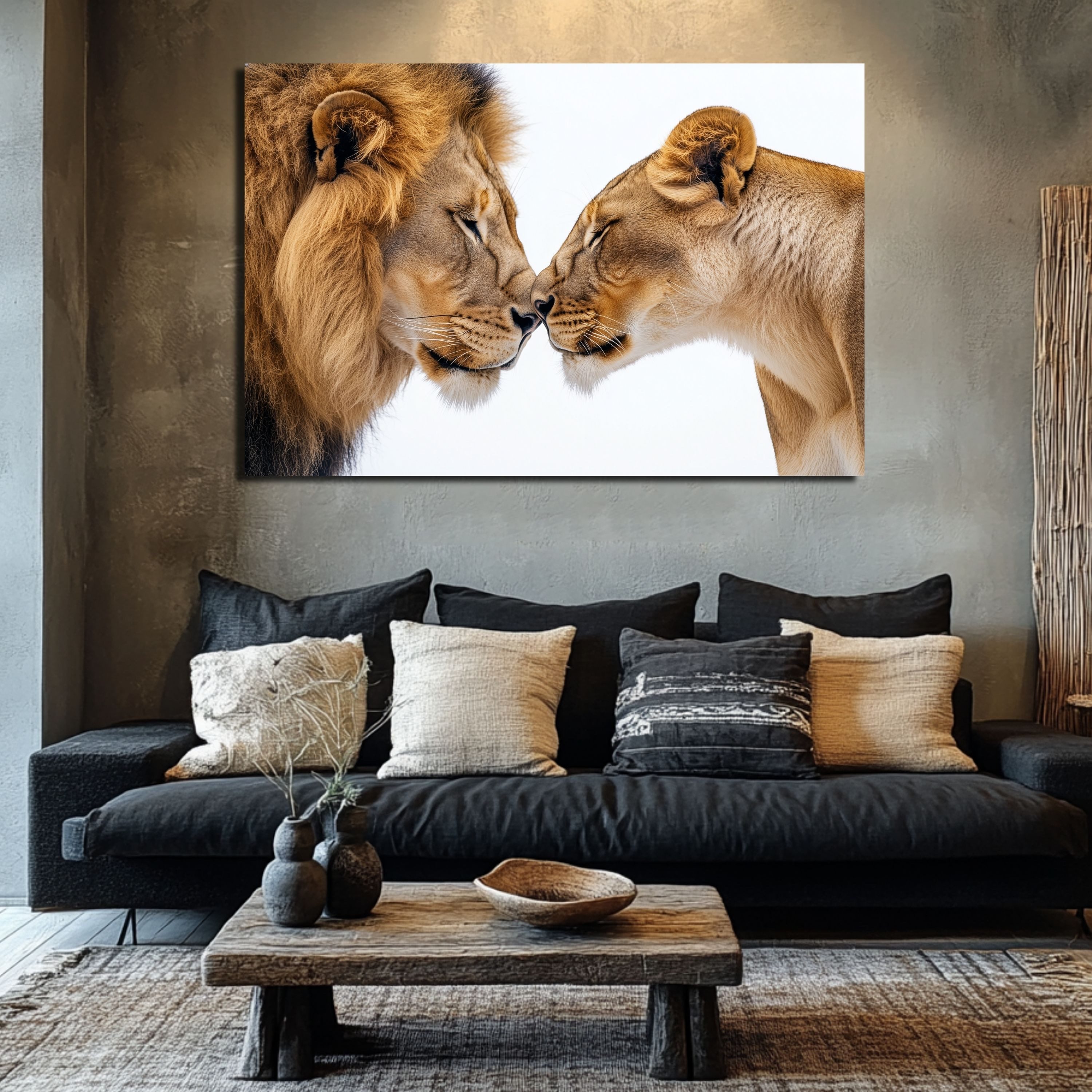 DARO Design Leinwandbild Modern Abstrakt Wandbilder XXL Wandbild Wand Deko Leinwand Bilder, (Löwenpärchen - Bild groß Wohnzimmer Schlafzimmer Küche Esszimmer Einteilig Querformat Fotodruck Leinwände Wanddeko Abstrakte Kunst Boho), 60x40cm