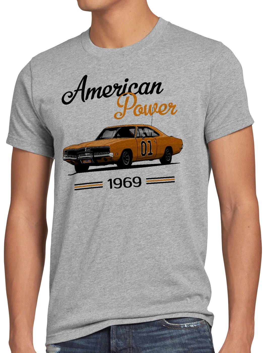 style3 Print-Shirt Herren T-Shirt American Power charger general lee muscle car grau meliert | T-Shirts