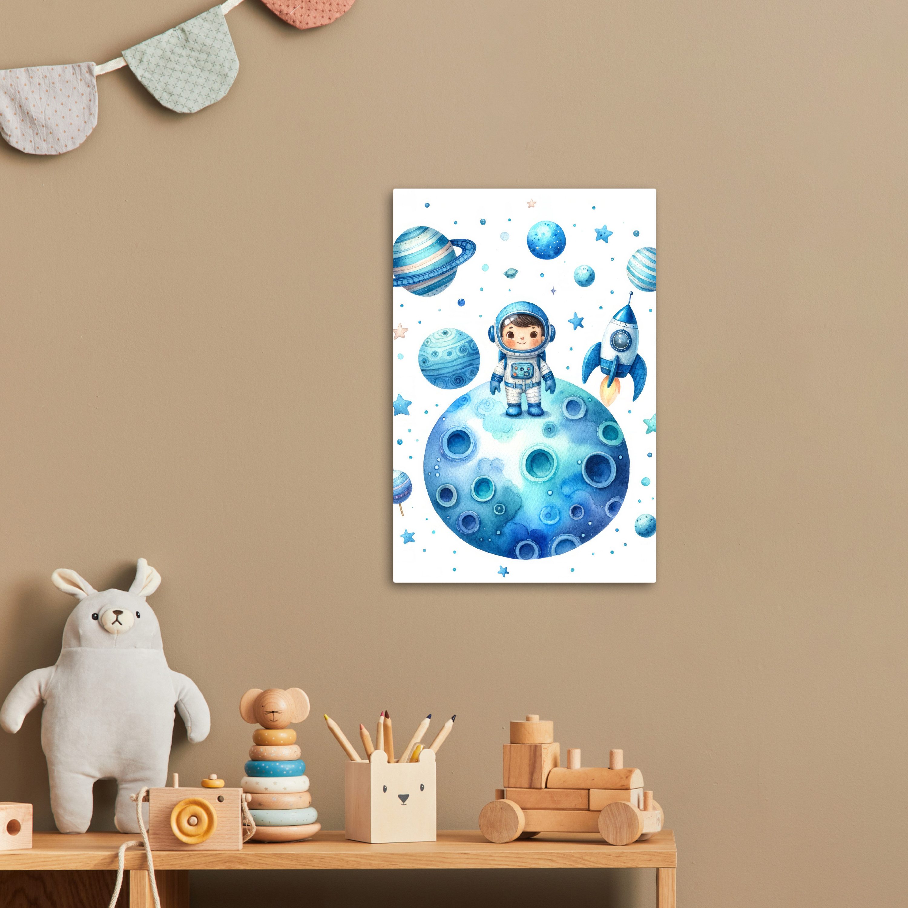 OneMillionCanvasses® Leinwandbild Weltraum - Blau - Astronaut - Sterne - Planeten, Fotodruck (1 St), Kinderzimmer Deko, Mädchen und Jungen Bilder 20x30 cm