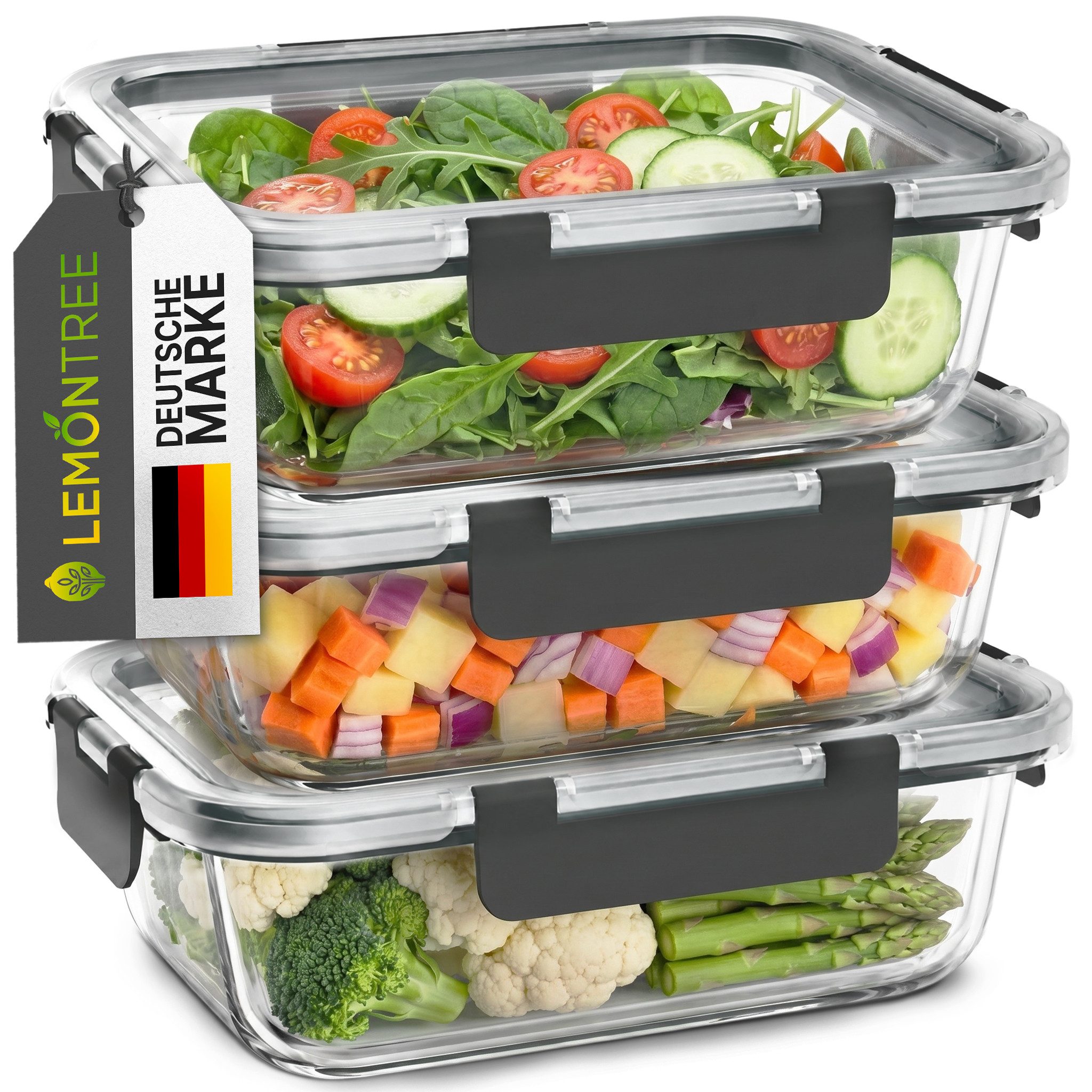 Lemontree Vorratsdose mit Deckel Luftdicht - Meal Prep Boxen Glas - Mikrowellengeeignet, Hochborosilikatglas, (Vorratsdosen-Set (3-teilig, groß je 1040 ml), Meal Prep Boxen 3er Set - 1040ml - auch als 5er & 10er Set erhältlich), Luftdicht, auslaufsicher, stapelbar, mikrowellen-, ofen- & gefrierfest