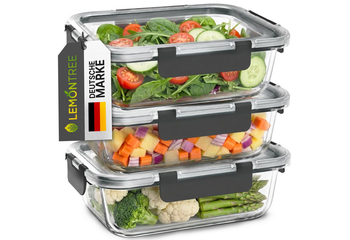 Lemontree Vorratsdose mit Deckel Luftdicht - Meal Prep Boxen Glas - Mikrowellengeeignet, Hochborosilikatglas, (Vorratsdosen-Set (3-teilig, groß je 1040 ml), Meal Prep Boxen 3er Set - 1040ml - auch als 5er & 10er Set erhältlich), Luftdicht, auslaufsicher,
