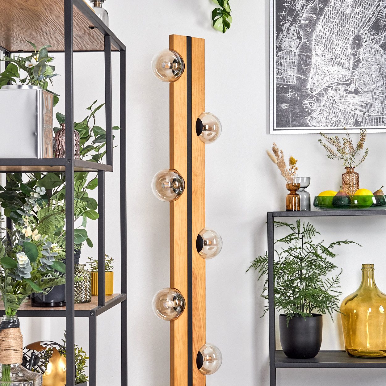 hofstein Stehlampe Stehlampe aus Holz/Metall/Glas in Natur/Schwarz/Bernstei günstig online kaufen