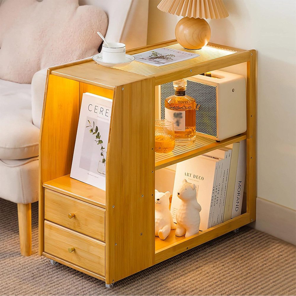 TUWENA Beistelltisch Beistelltisch mit Rollen, Couchtisch Schublade, Nachttisch Stubentisch, Bambus Sofatisch für Wohnzimmer, Schlafzimmer, Balkon, 70x30x60 cm
