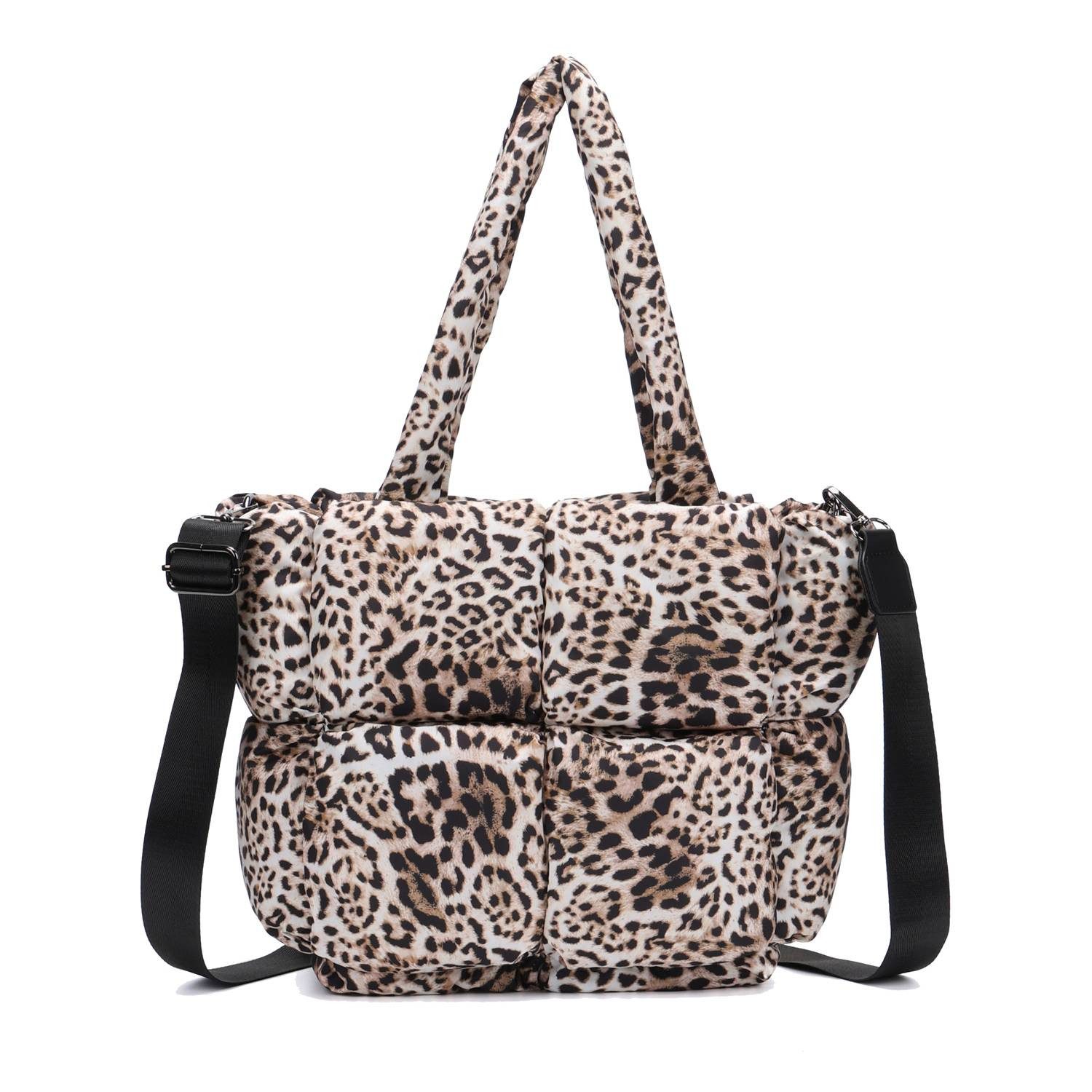 ITALYSHOP24 Schultertasche Damen Tasche Leopard Nylon Puffer Shopper Tote Bag Crossover Freizeit, LEO CrossBody Beuteltasche Handtasche Weekender Reisetasche Leicht