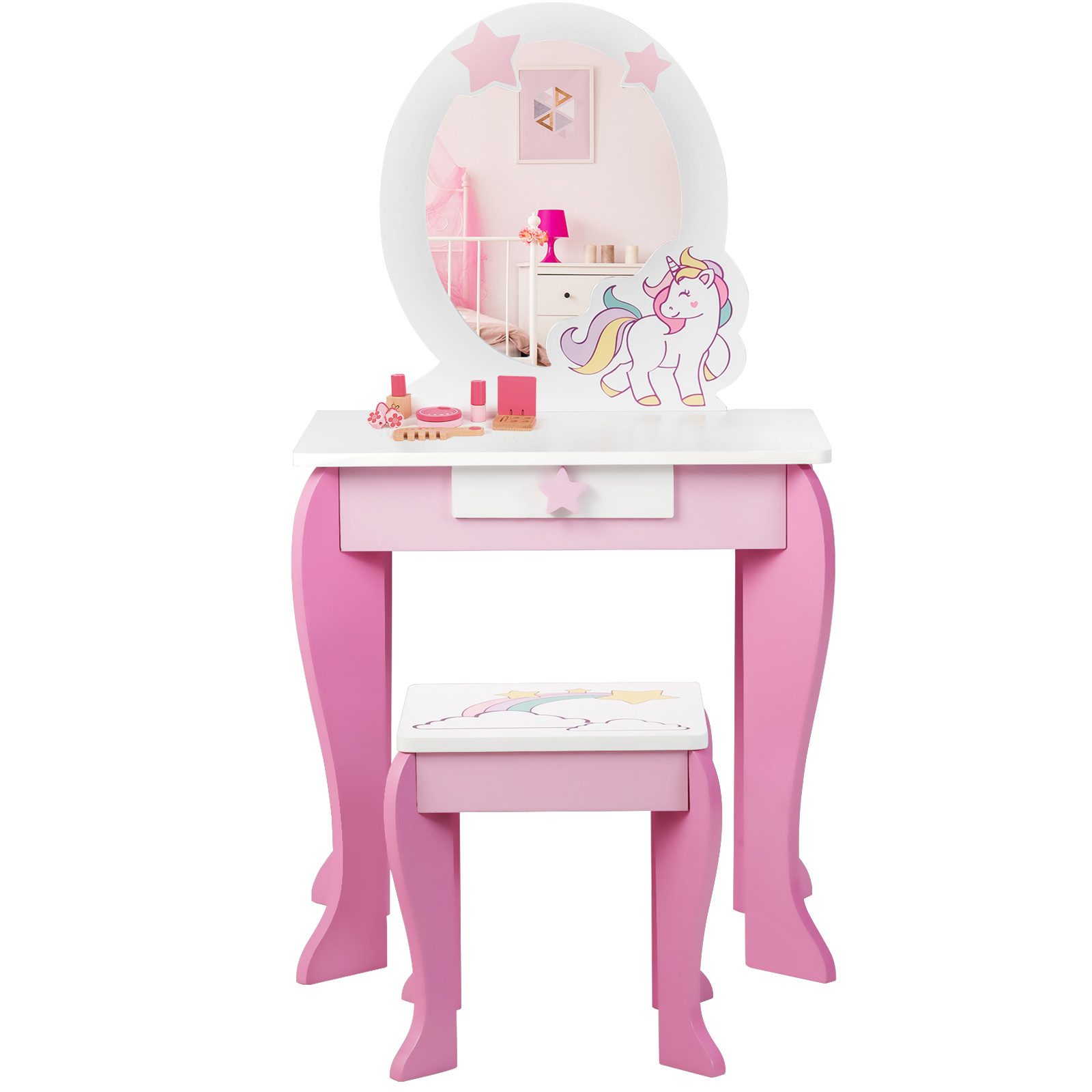 COSTWAY Schminktisch, Kinder, mit Hocker, Schublade und abnehmbarer Spiegel günstig online kaufen