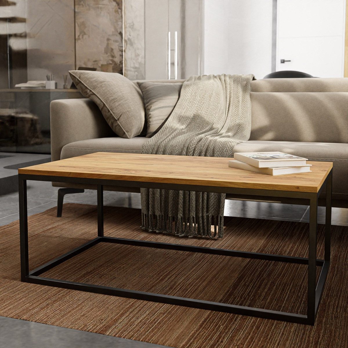 Liadomo Couchtisch Granada, Wohnzimmertisch, Sofatisch, Massivholztisch, Akazie Natur, Metallgestell schwarz, rechteckig, vormontiert