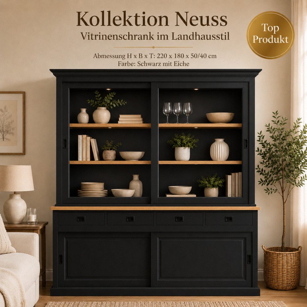 Wohnpalast Vitrine Vitrinenschrank Neuss 180 cm schwarz mit Eiche – Landhaus Schrank