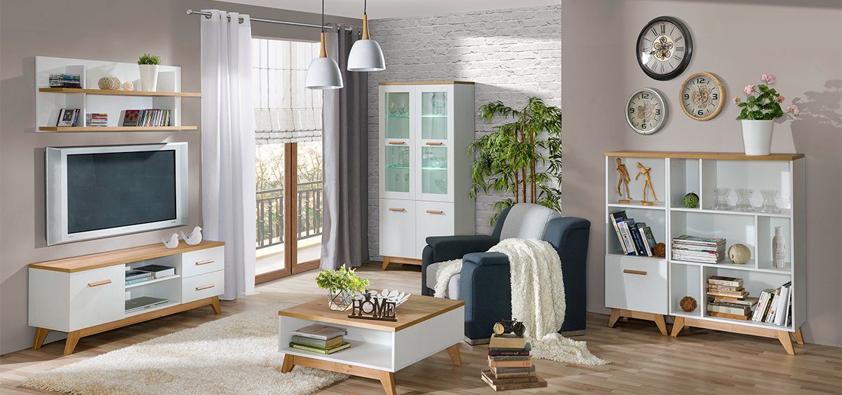 Svetlin Design, Nash Stylefy Sideboard, Andersen mit 6 Standregal, stellbar Skandinavisch Kiefer Fächern, variabel Stauraum, Bücherregal viel Eiche,