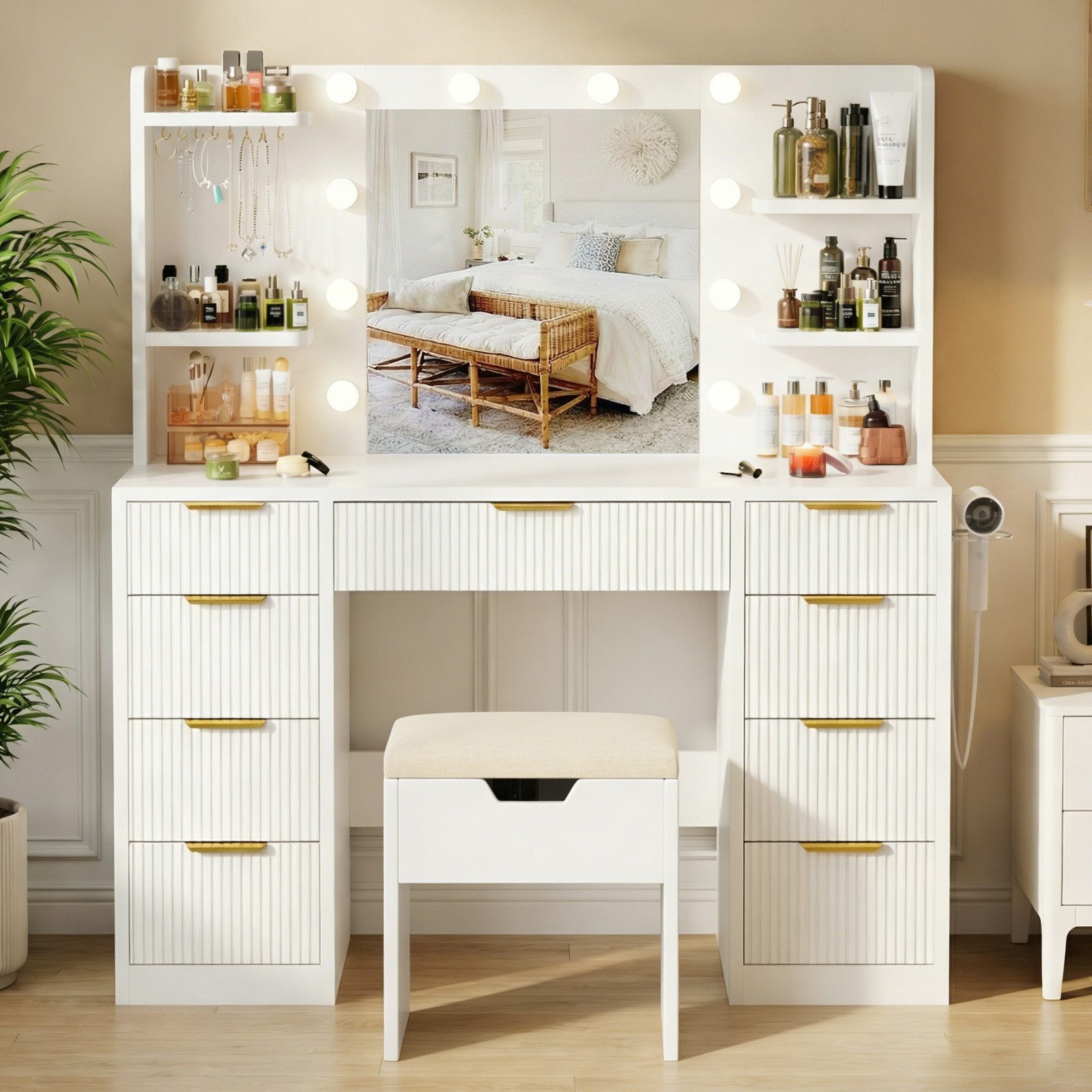 Furnicopia Schminktisch Mit einstellbarer LED-Beleuchtung, 7 Schubladen und 4 Fächern (Große Größe: 110 × 40 × 137 cm, mit 1 USB-Anschluss, 1 Typ-C-Ladeanschluss, 2 Netzsteckdosen und 1 Föhnhalterung. Erhältlich in Weiß oder Schwarz-ostern geschenke)