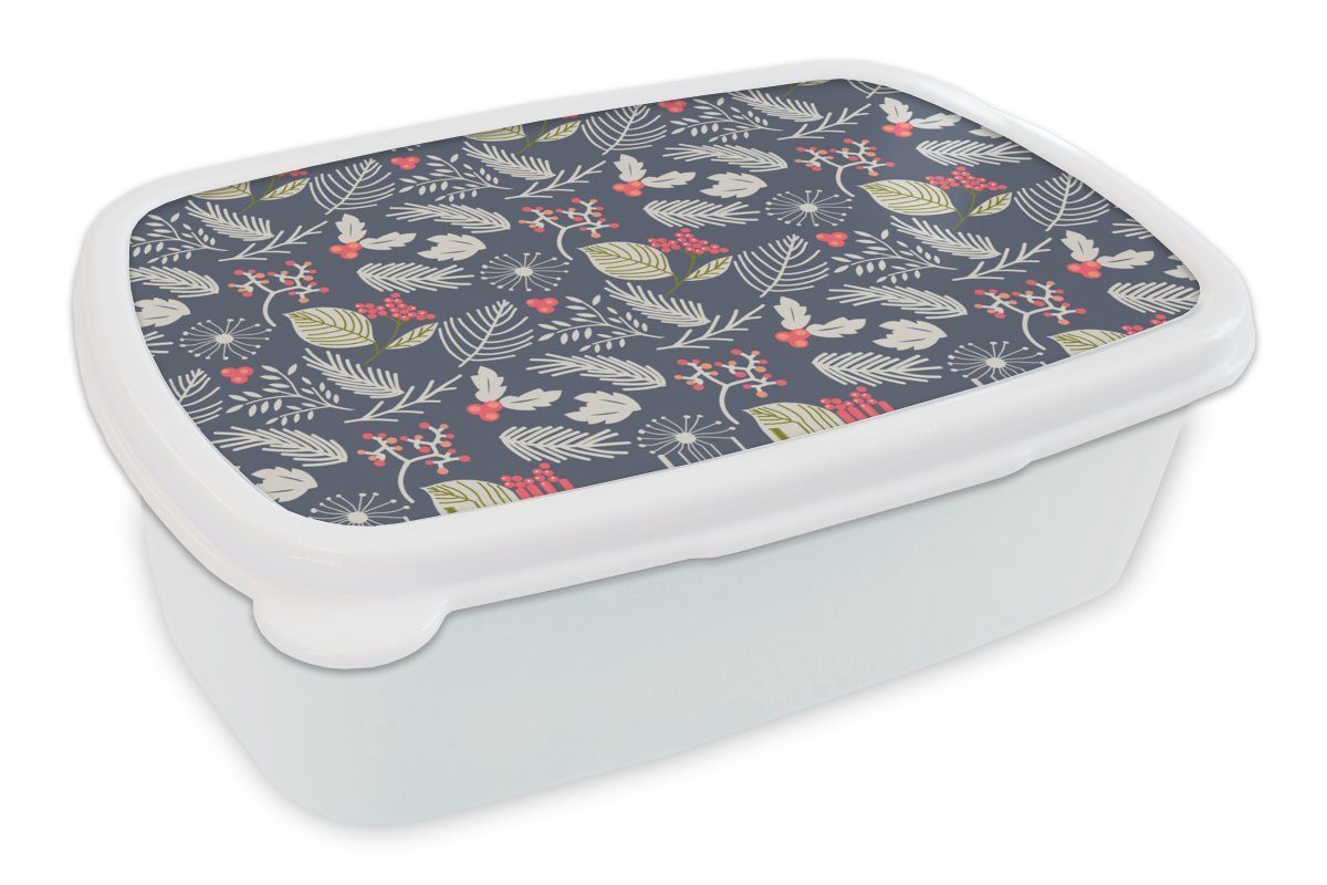 MuchoWow Lunchbox Pflanzen - Beere - Winter - Muster, Kunststoff, (2-tlg), Brotbox für Kinder und Erwachsene, Brotdose, für Jungs und Mädchen weiß