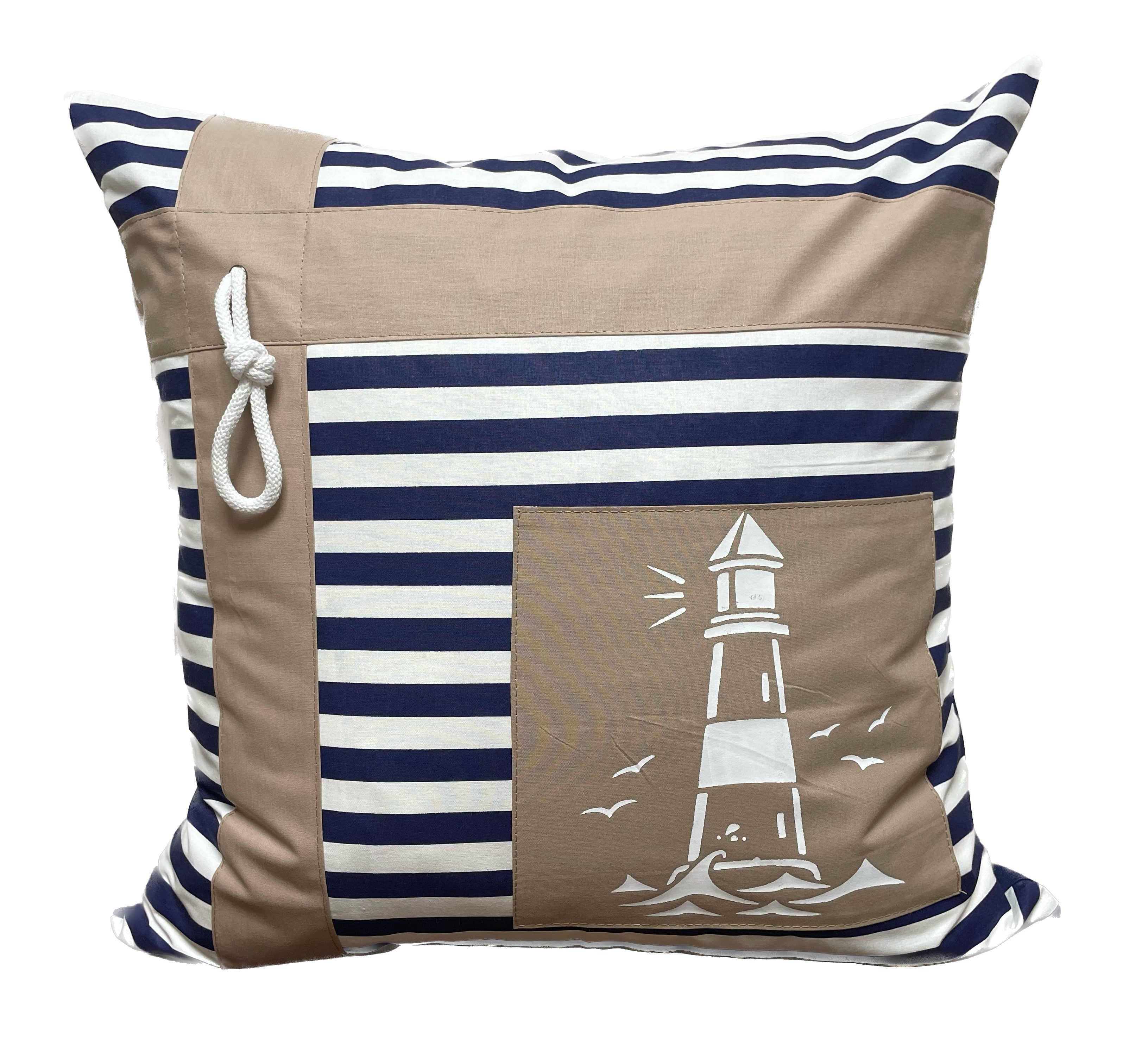 Ammerkind Dekokissen Maritime Kissenhülle, Leuchtturm, blau/weiß/beige, Kissenhülle ohne Füllung, 100% Handarbeit