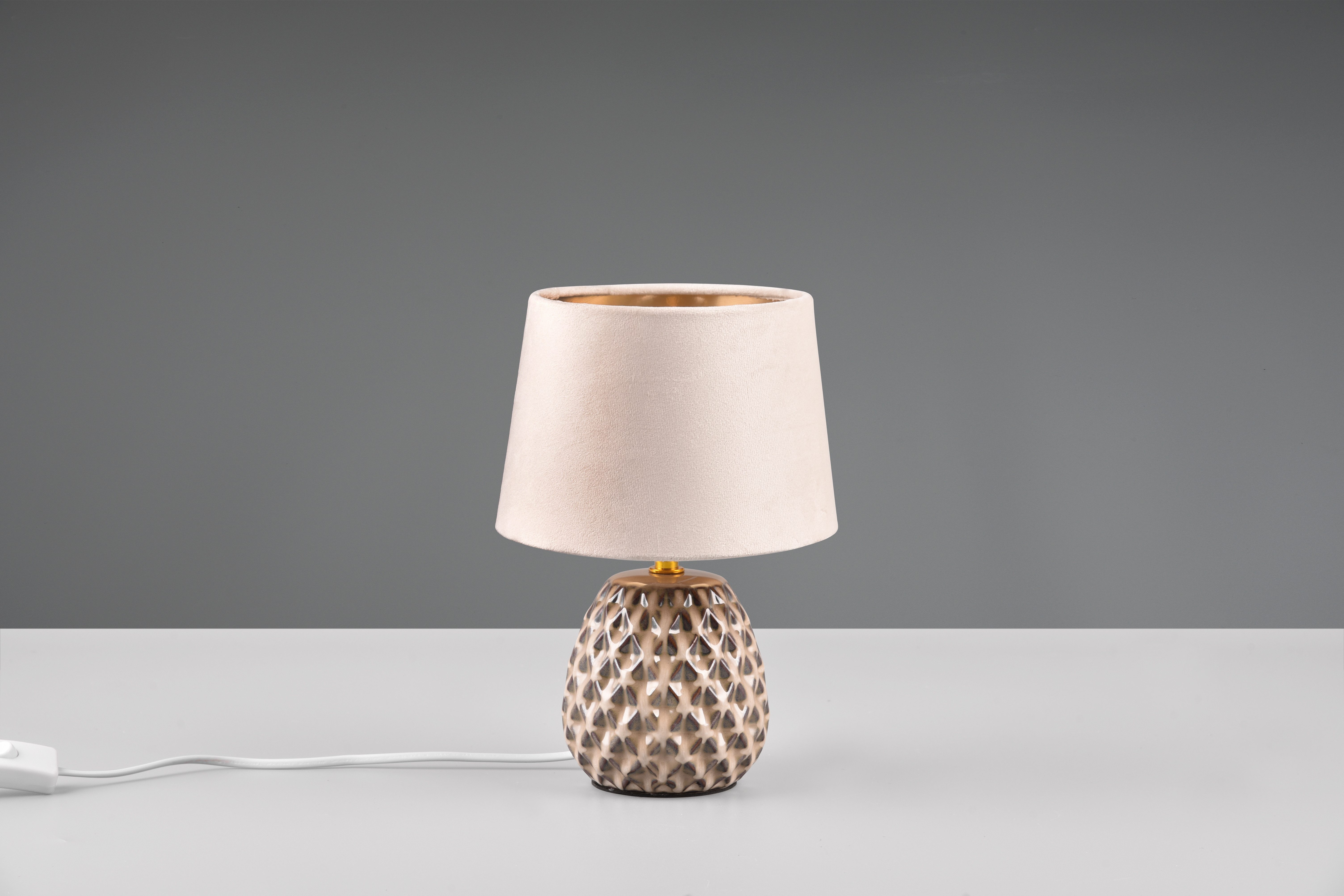 Reality Leuchten Schreibtischlampe ARIANA Tischleuchte exkl 1xE14 max40W Höhe 27cm Ø 18cm Nachttischlampe, Ein-/Ausschalter, Leuchtmittel wechselbar, warmweiß - kaltweiß, Struktur Keramik Samt Schirm innen gold,Tischlampe mit Schnurschalter