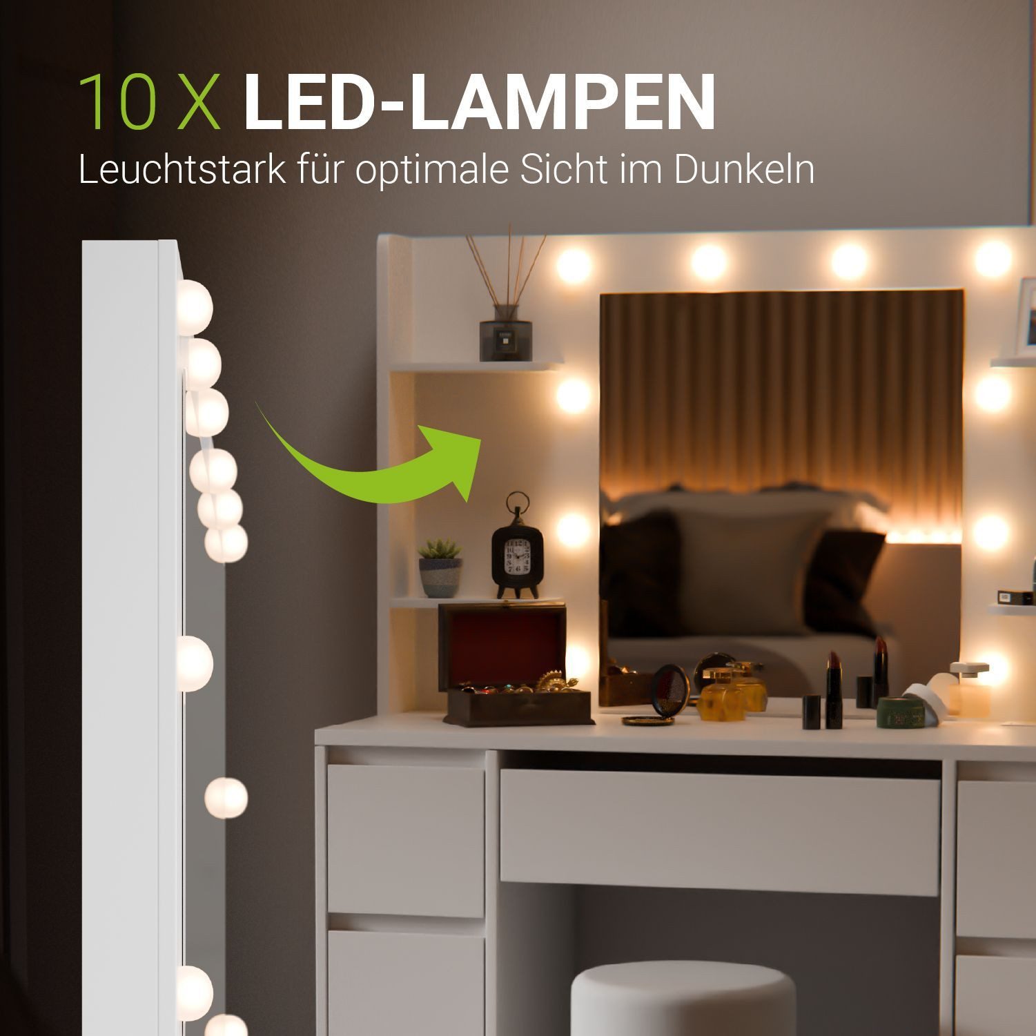 Juskys Schminktisch Malia, LED-Beleuchtung, 3 Helligkeitsstufen, modern, 7 Schubladen, Stauraum
