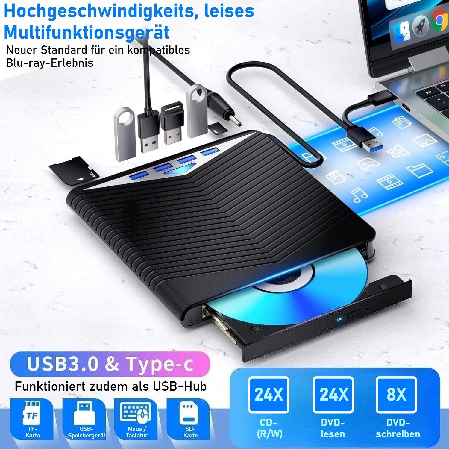ibettertec Externes CD DVD Laufwerk, USB 3.0 & USB-C, +/-RW ROM Brenner DVD-Brenner (Optical External DVD Drive für Laptop, PC, Desktop, MacBook, iMac)