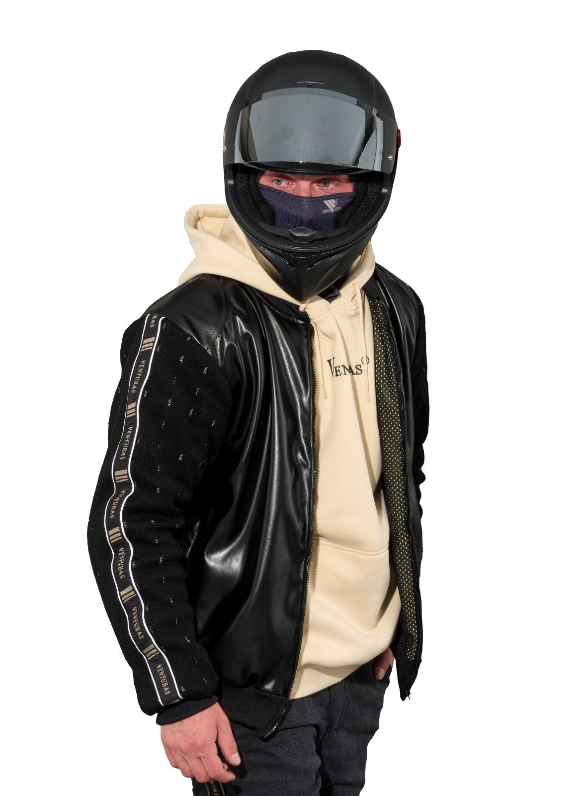 Venturas Motorradjacke 100 % Kevlar, 5 Schutzprotektoren, auch für Freizeit schwarz & weiß 100% hochwertiges Kevlar, 5 Schutzprotektoren, reflektierend bei Nacht
