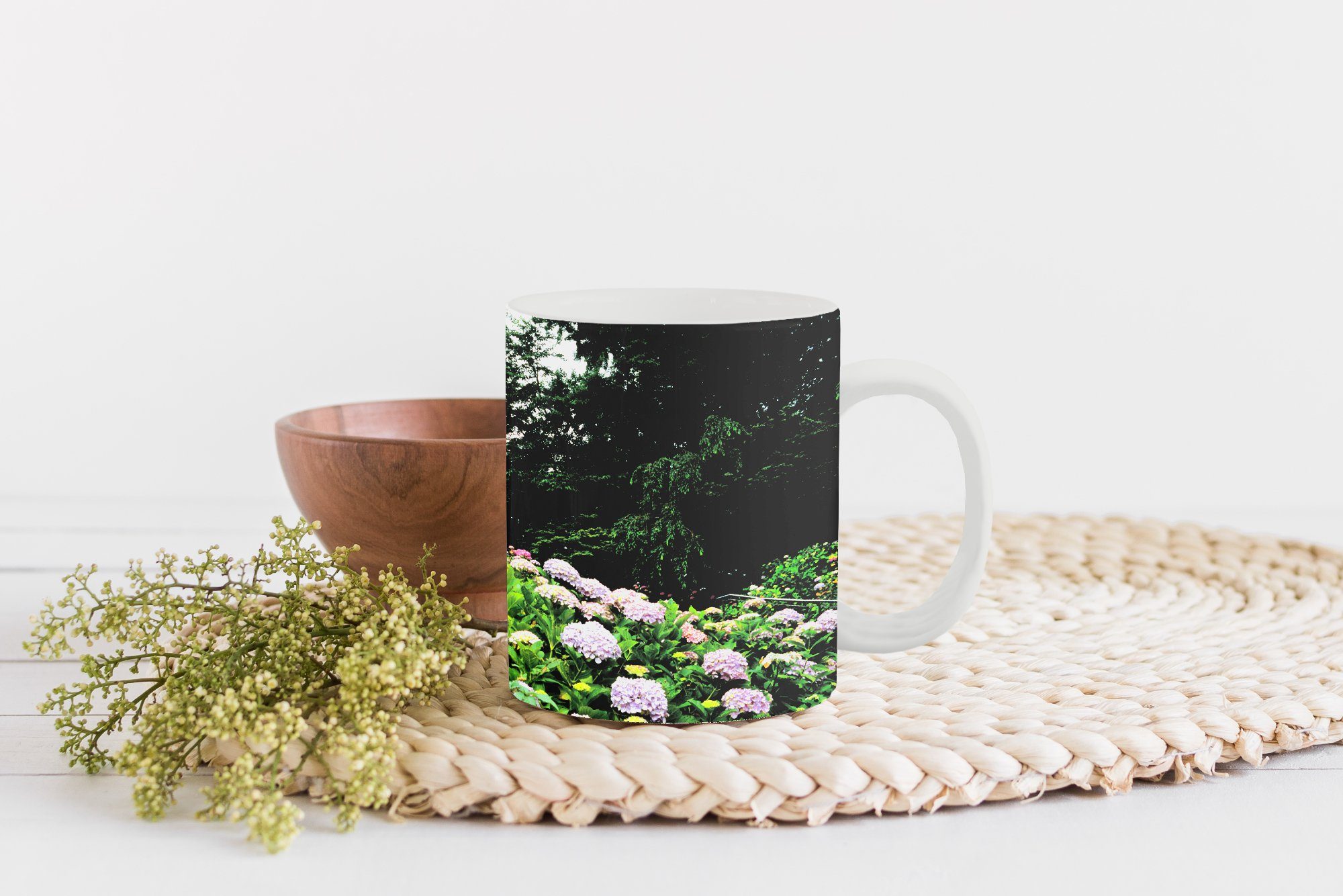 Keramik, Hortensien, Geschenk mit Teetasse, Teetasse, MuchoWow Garten Becher, Tasse Kaffeetassen, Japanischer