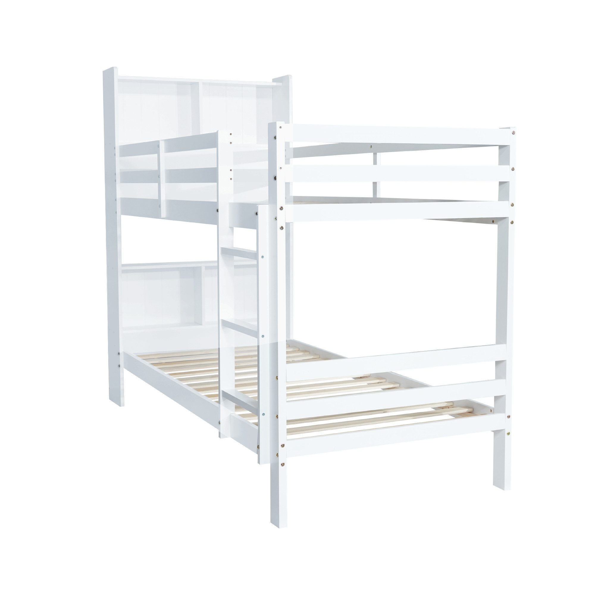 Merax bunk bed (youth bed, 1-piece), pine wood children's bed 90x200cm with headboard shelves, ladder, storage space, and fence