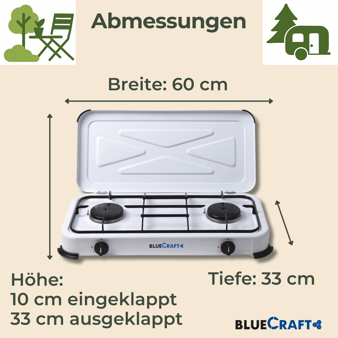 BlueCraft Gaskocher 2 flammig mit Zündsicherung 50mbar Propan Gas Campingkocher 4,4 kW, Camping Gas Kocher 2 flammen für Gasflasche Gasherd Gas-Kochfeld