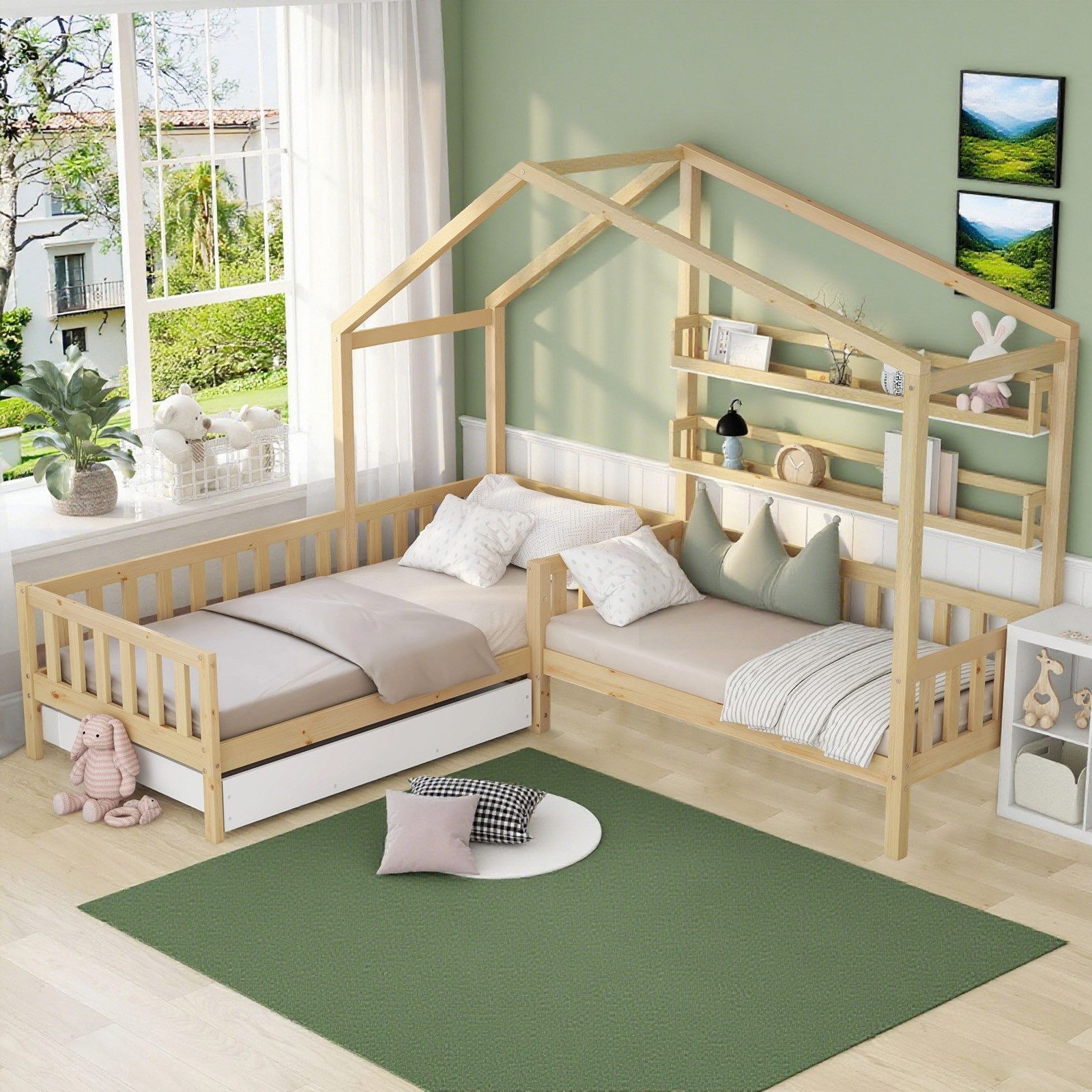 MODFU Bett Kinderbett mit Schubladen und Regalen (Doppelbett Massivholz L-Struktur in Natur, Holzbett (90x200 cm + 140x70 cm), Ohne Matratze