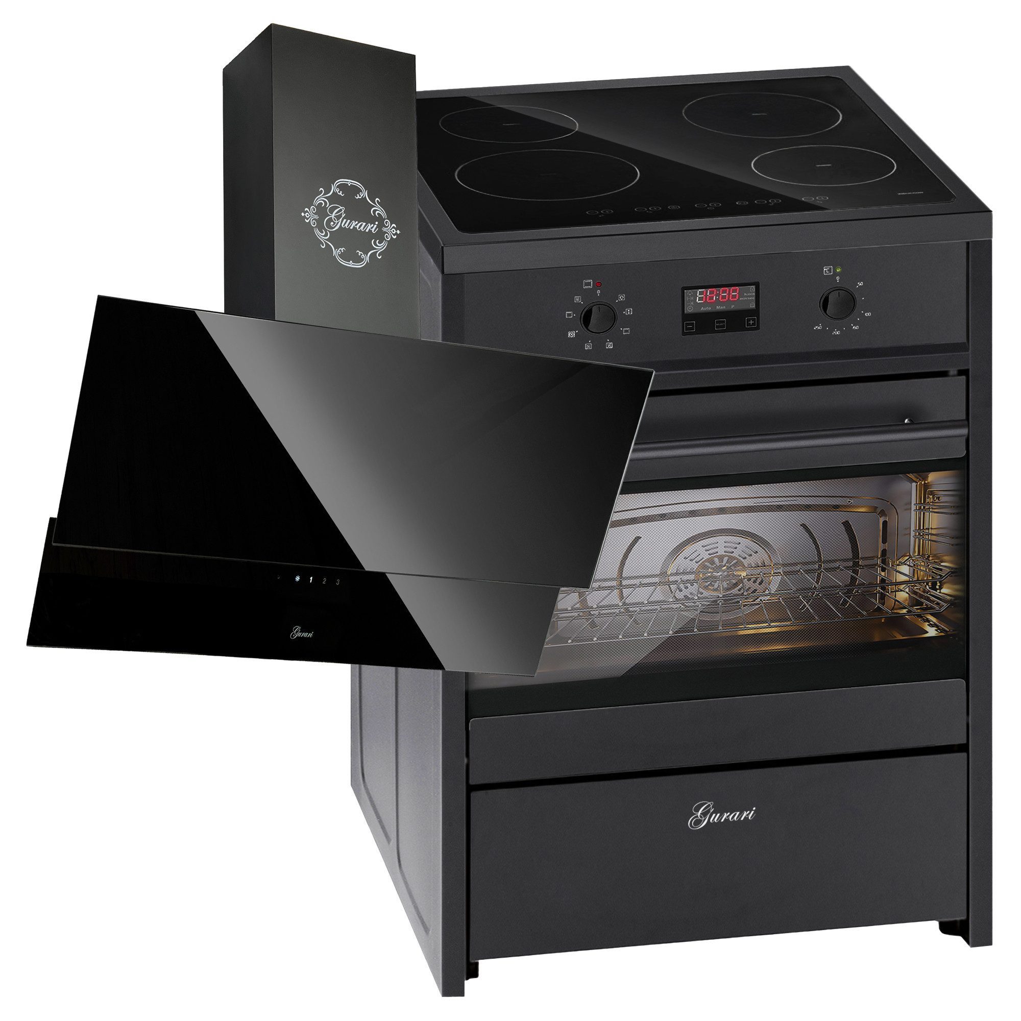 GURARI Induktions Herd-Set Induktions Range Coocker 60 cm + Dunstabzugshaube 60 cm GCH E 612 BL+GCH 268 BL 6 PRIME., mit 1-fach-Teleskopauszug