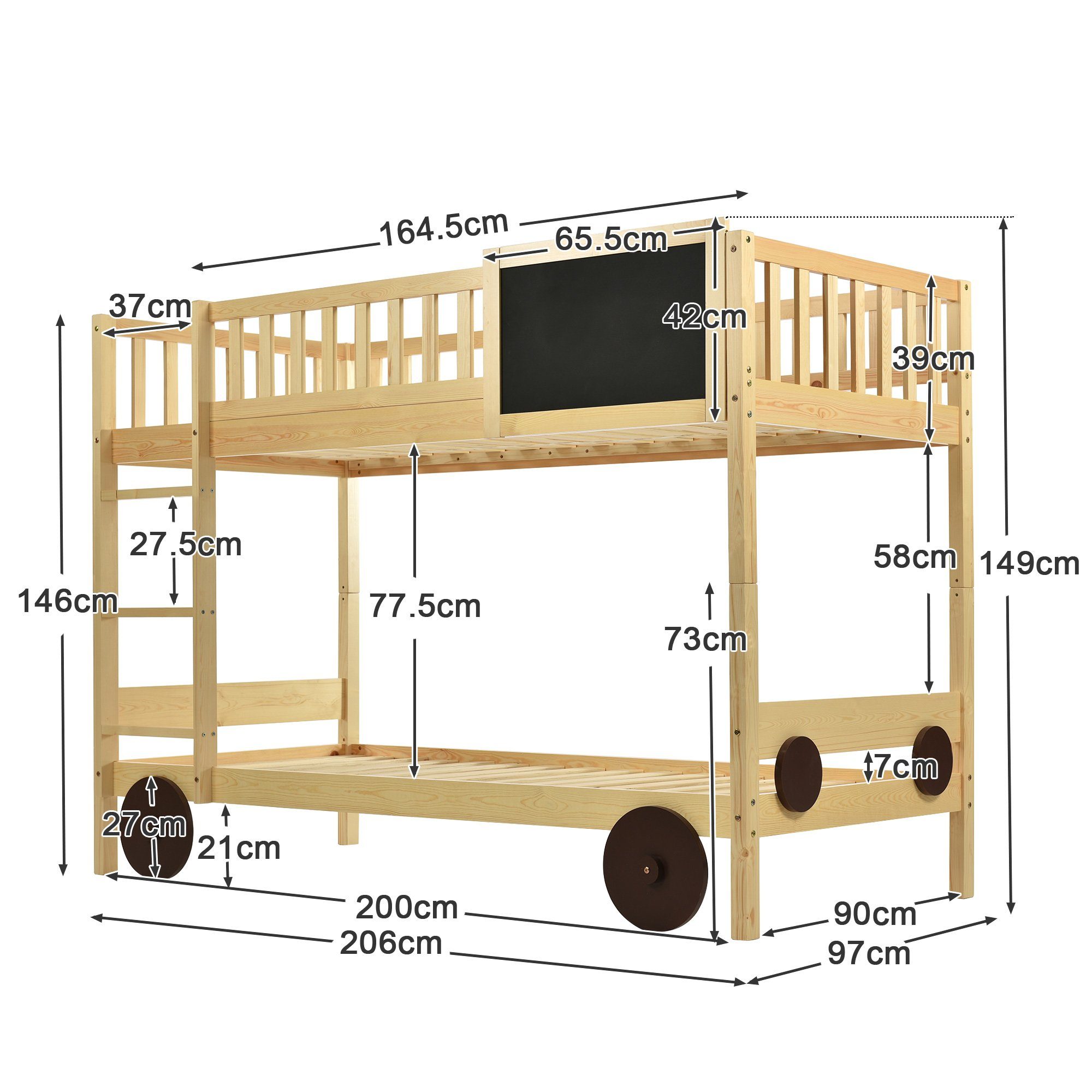 Etagenbett (Stockbett, Hochbett mit Lattenrost, Rausfallschutz, Leiter und MDF-Rädern), Kinderbett 90 x 200 cm, umbaubar in zwei Einzelbetten, Kiefer