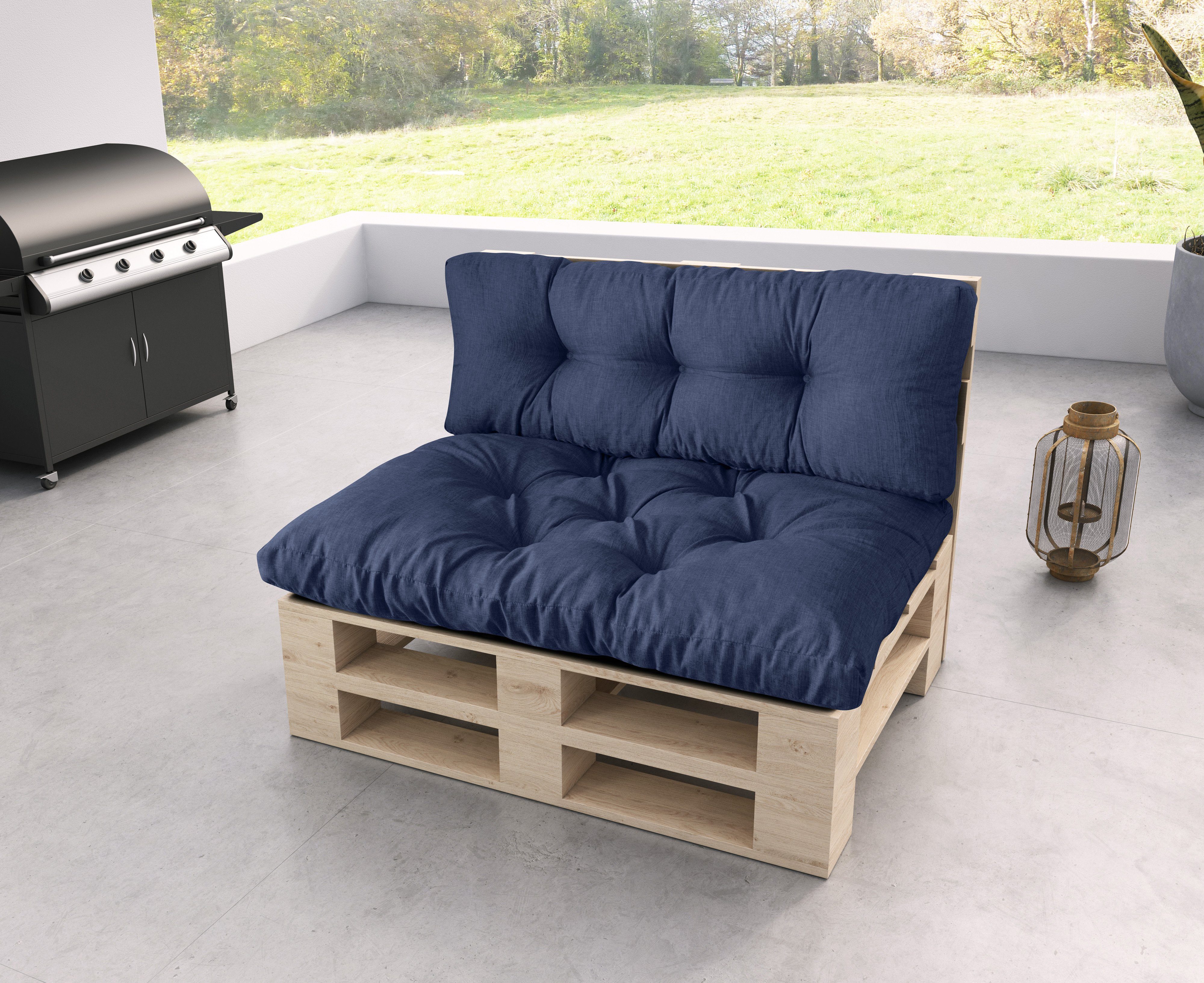 sunnypillow Palettenkissen Malmo Sitzkissen + palettenmöbel Blau 120x40x15, 120x80x12 Set - polsterauflage palettencouch Rückenkissen