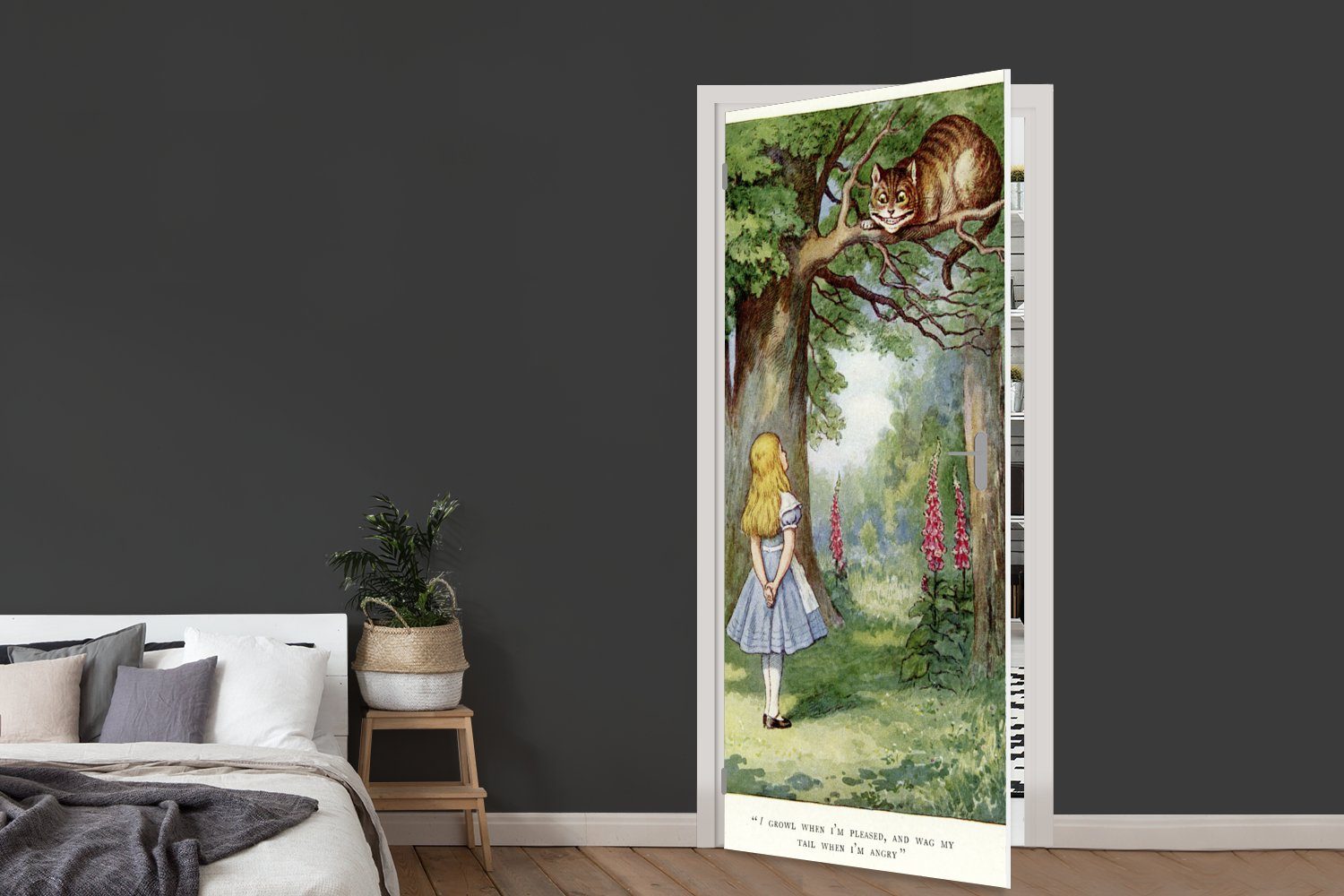 MuchoWow Türtapete Vintage-Illustration Alice und die (1 für Tür, cm Fototapete 75x205 bedruckt, Kohlekatze, Matt, Türaufkleber, St)