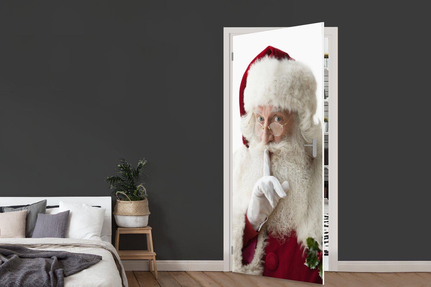 (1 Tür, 75x205 auf Türtapete Mund, MuchoWow Matt, dem dem für cm St), Fototapete bedruckt, Finger Türaufkleber, mit Der Weihnachtsmann