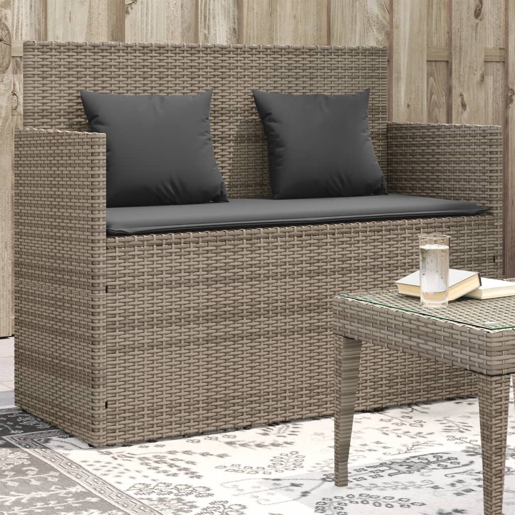 furnicato Gartenbank mit Stauraum 120x50x90,5 cm Grau aus PE-Rattan und Stahl, UV-beständige Sitzbank mit wasserfestem Beutel und bequemen Kissen