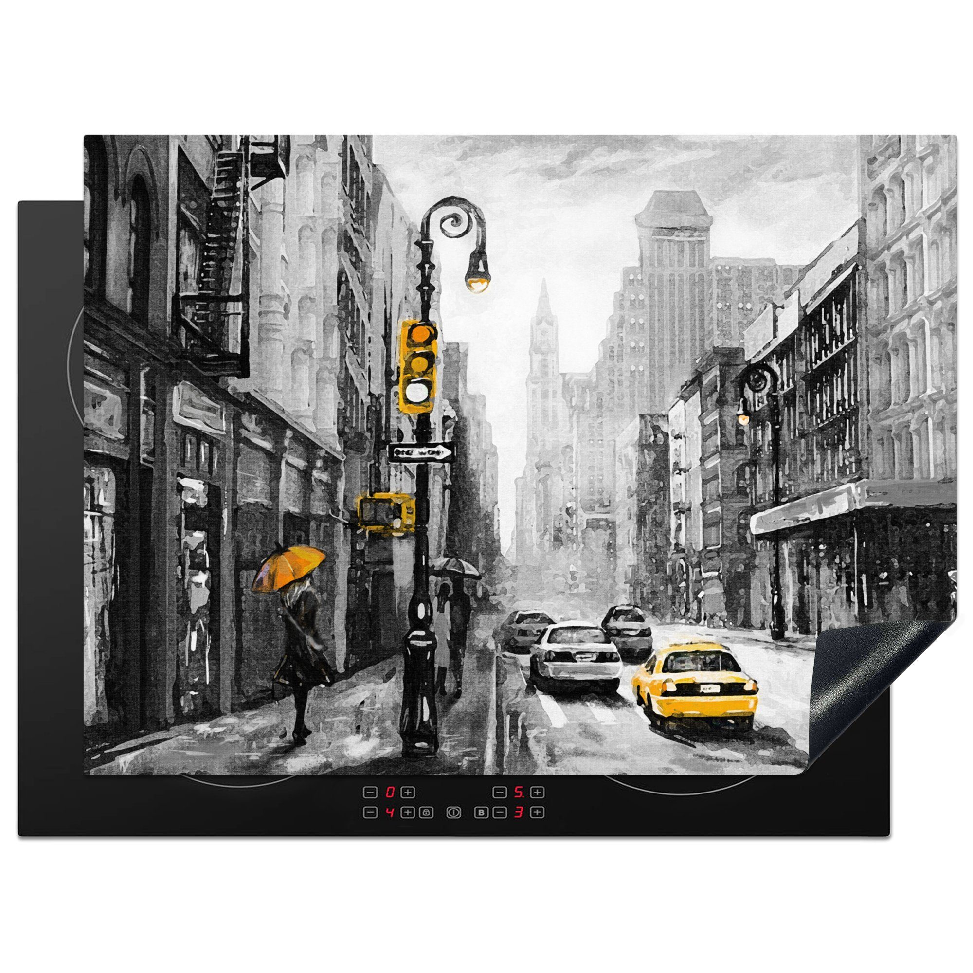 Arbeitsfläche Stadt Ölfarbe Gemälde Mobile Ceranfeldabdeckung (1 Auto, - MuchoWow Herdblende-/Abdeckplatte Vinyl, - nutzbar, 70x52 cm, - tlg),