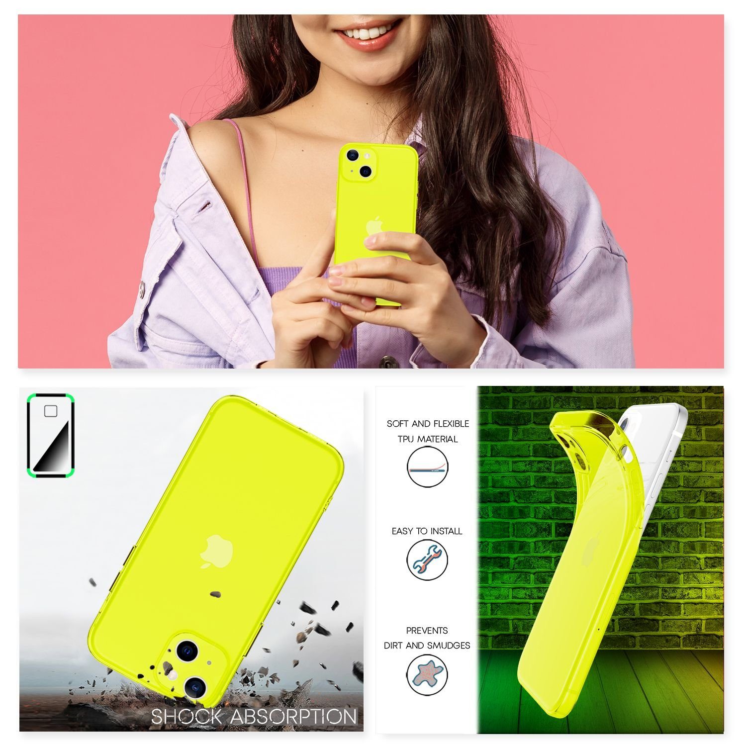 Nalia Smartphone-Hülle Apple iPhone 13 15,5 cm (6,1 Zoll), Klare Neon Silikon Hülle / Bunt Leuchtend / Durchsichtig / Flexibel