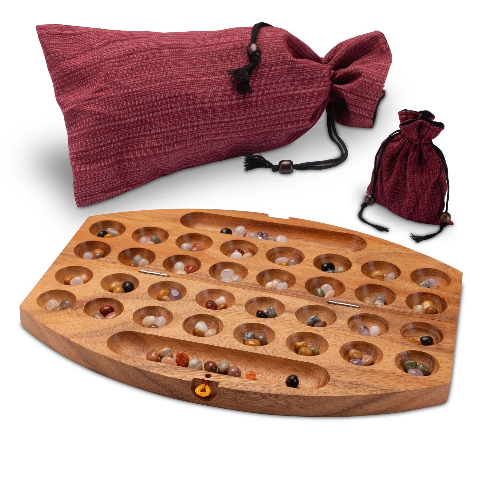 LOGOPLAY Spiel Hus oval Gr. L mit Stoffbeutel, Gesellschaftsspiel, Bao Spiel Gr. L für 2 Spieler mit Stoffbeutel oval Hus Kalaha mit 75