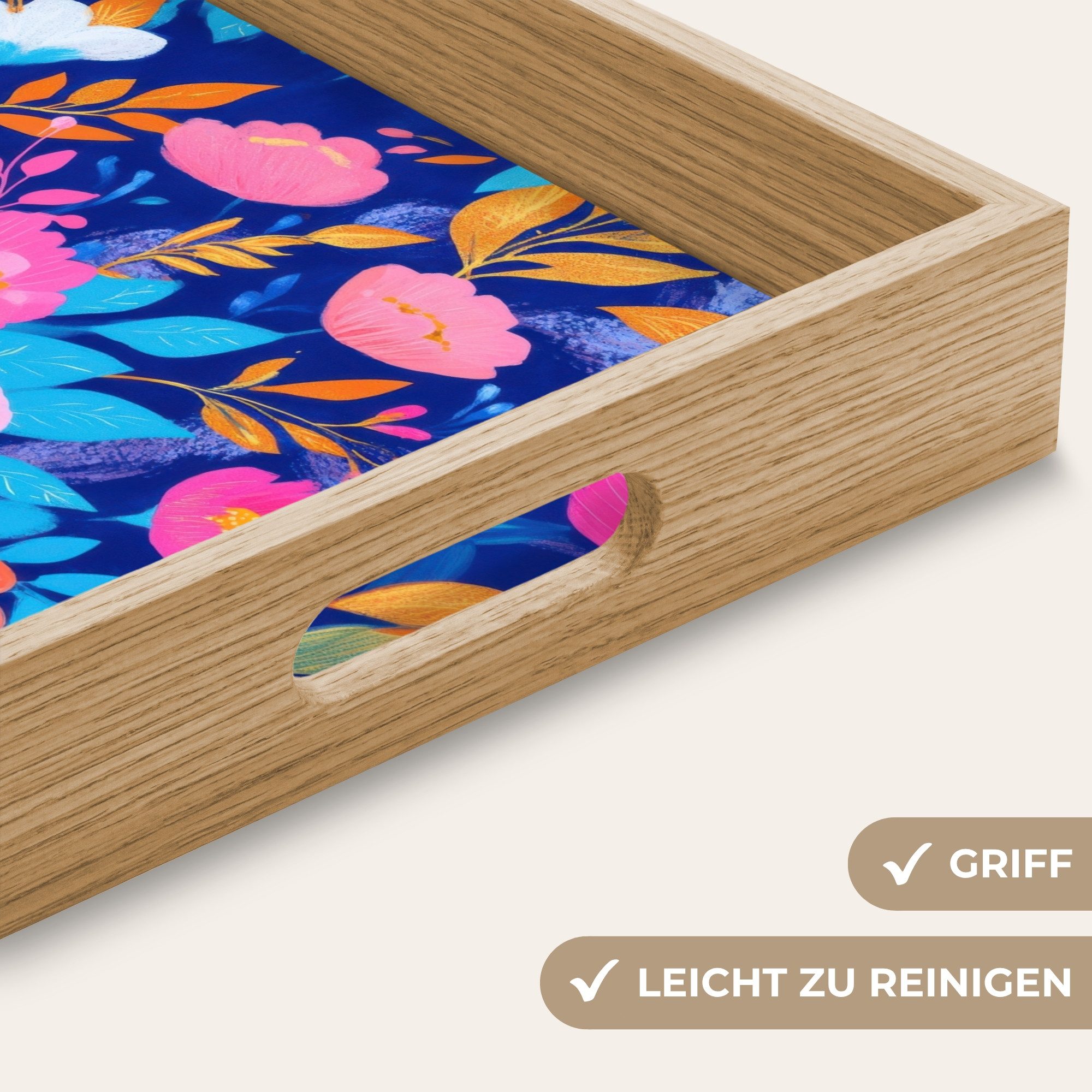 OnlyWow Tablett Rechteckig mit Henkel Blumen - Blau - Rosa, Eichenholz, (1-tlg), Siervierplatte, Tray, Frühstücksbrett