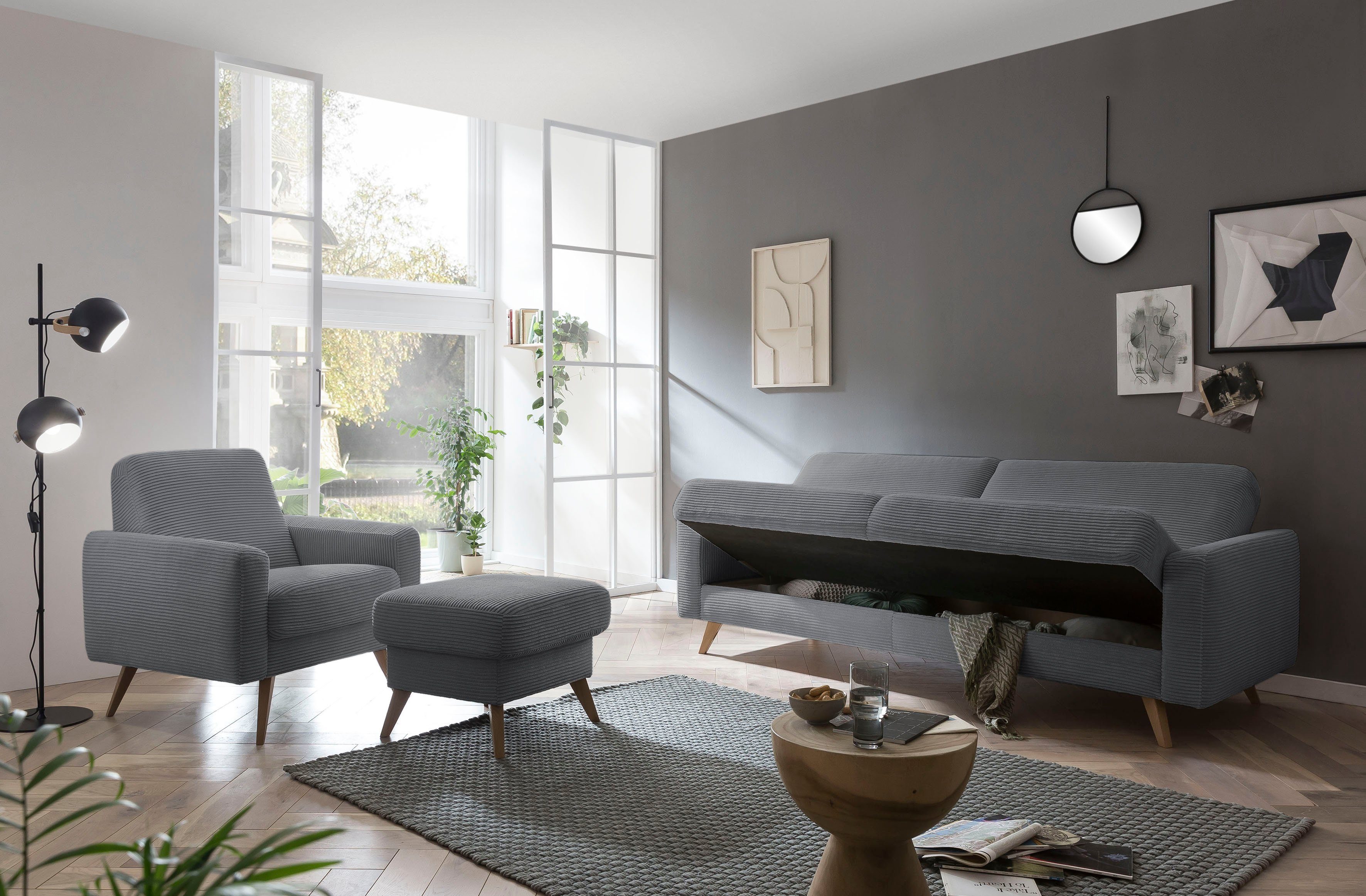 exxpo - sofa fashion 3-Sitzer Bettfunktion Inklusive und Bettkasten grey Samso